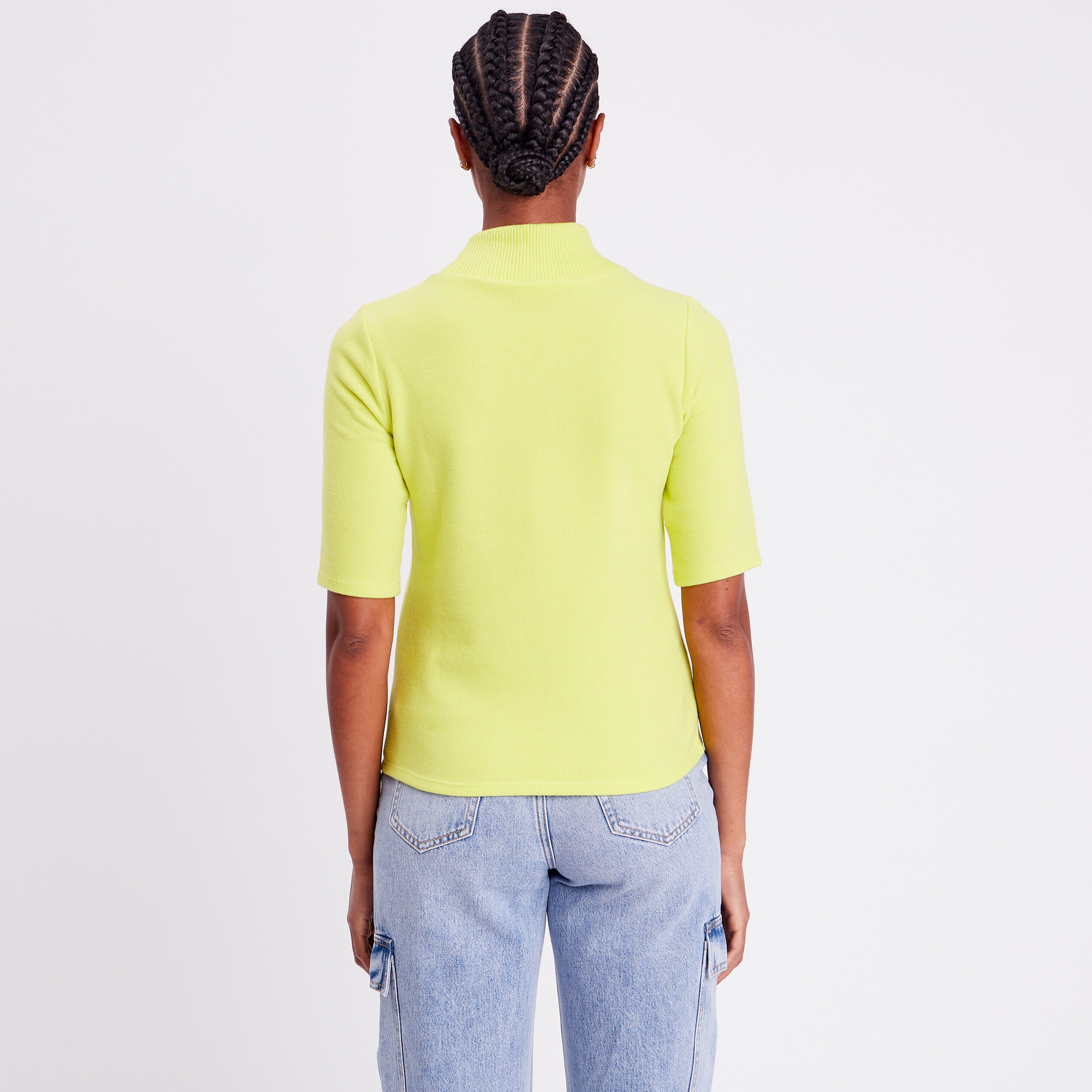 t shirt cotele col montant jaune citron femme T-shirt côtelé col montant jaune citron femme