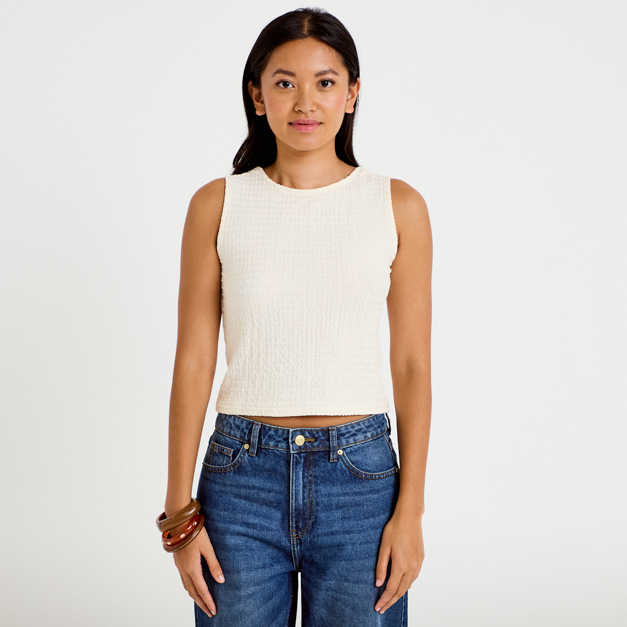 Top pliss&eacute; col rond manches courtes ecru femme