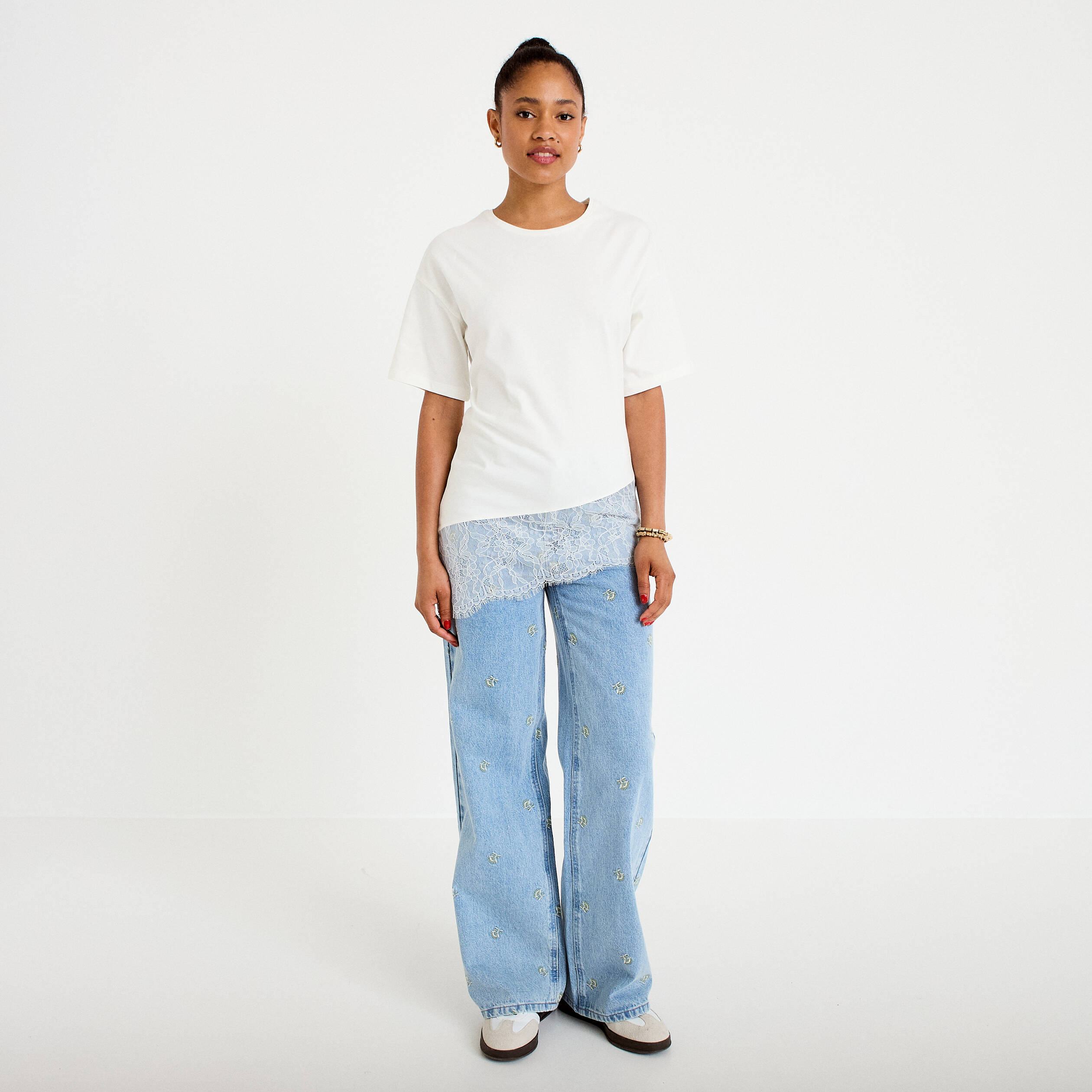 T-shirt oversize longue dentelle ecru femme