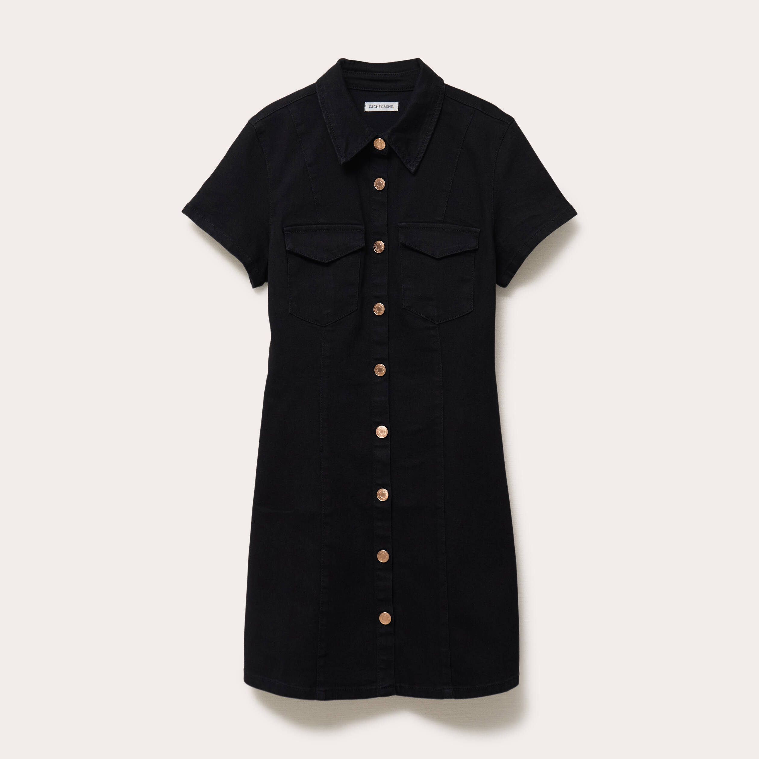 Robe courte trap&egrave;ze en jean col chemise noir femme