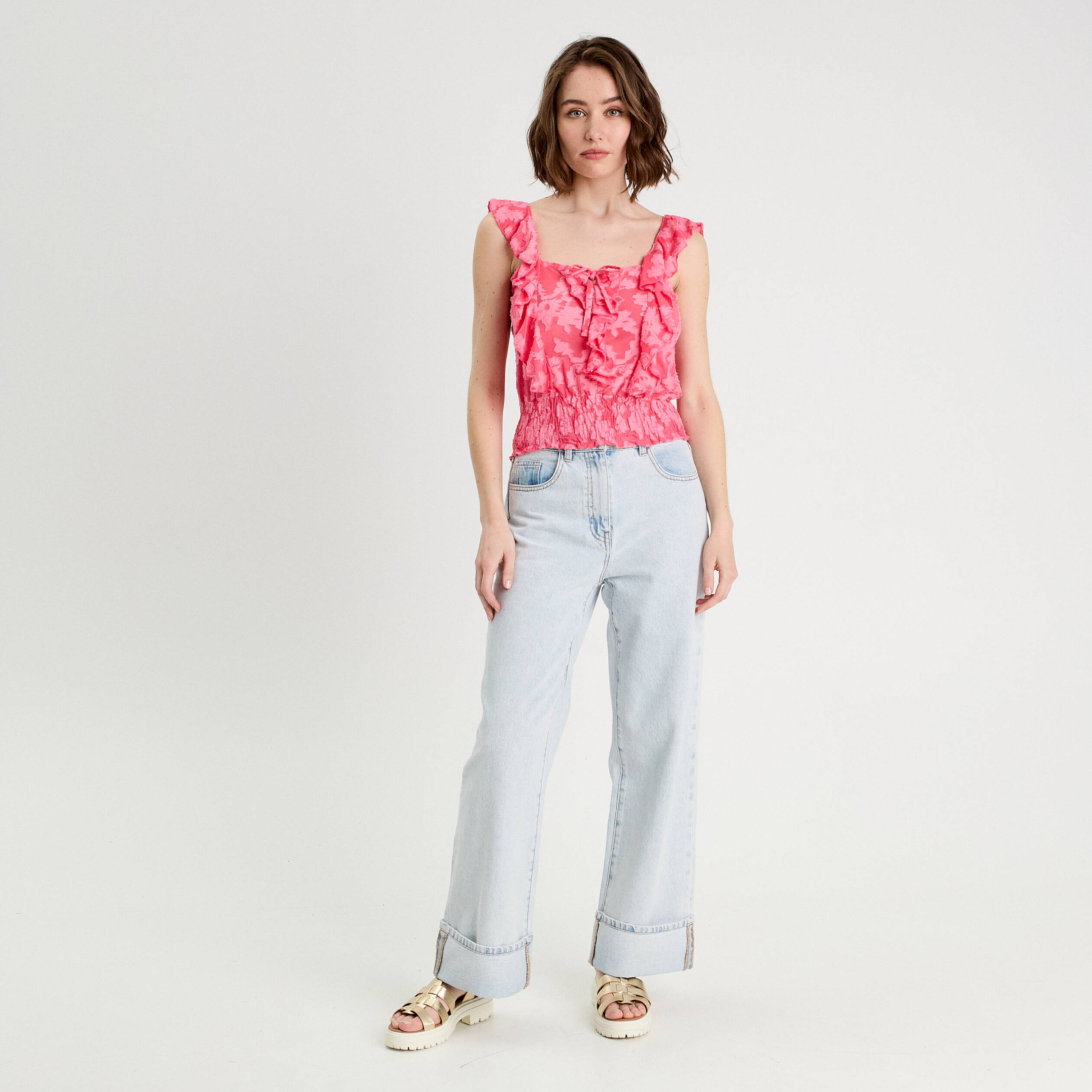 debardeur sans manches volants rose femme Débardeur sans manches volants rose femme