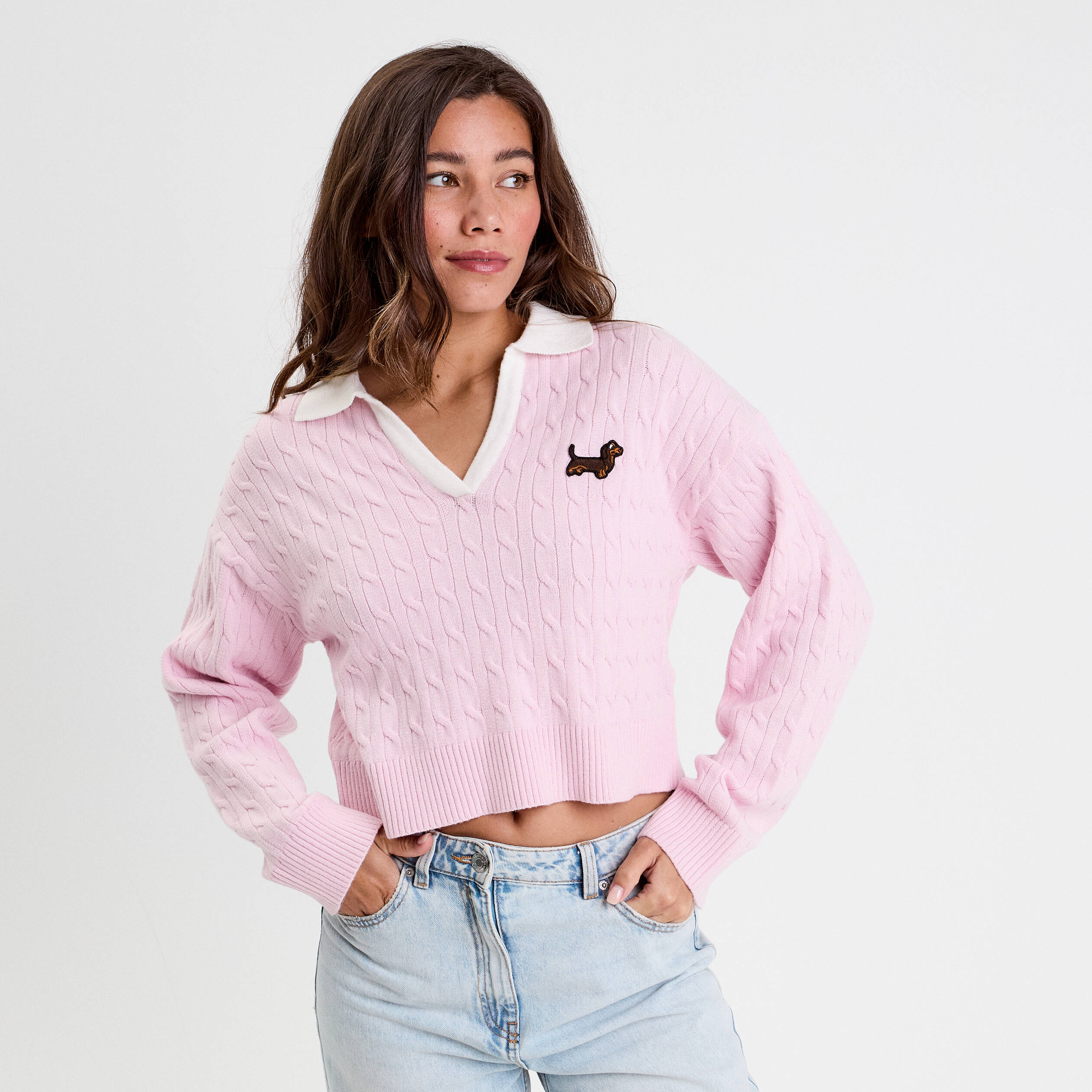 pull manches longues col polo rose clair femme Pull manches longues col polo rose clair femme