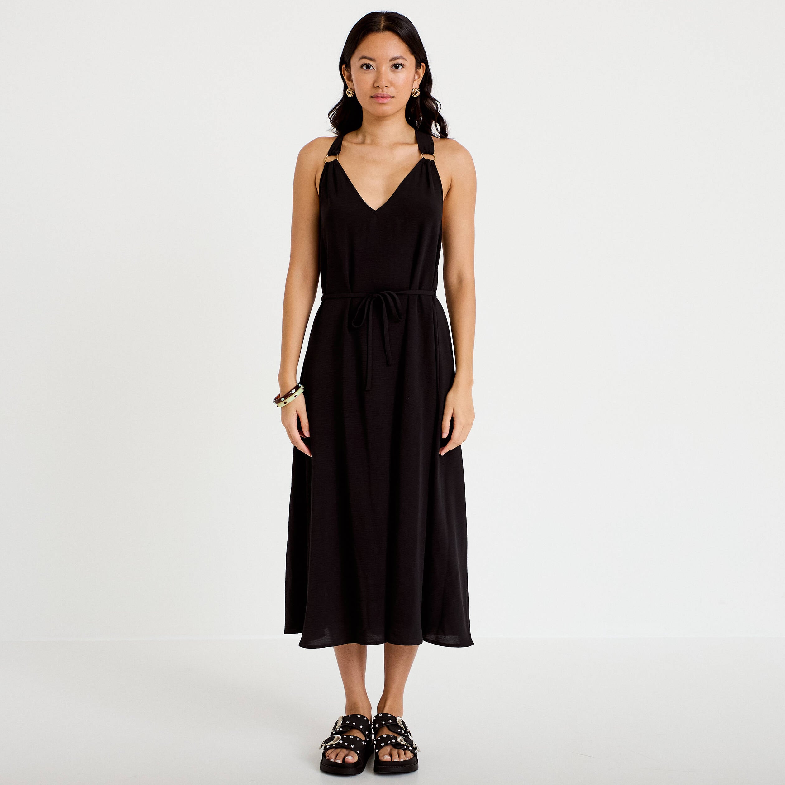 Robe longue droite col v bretelles fines noir femme