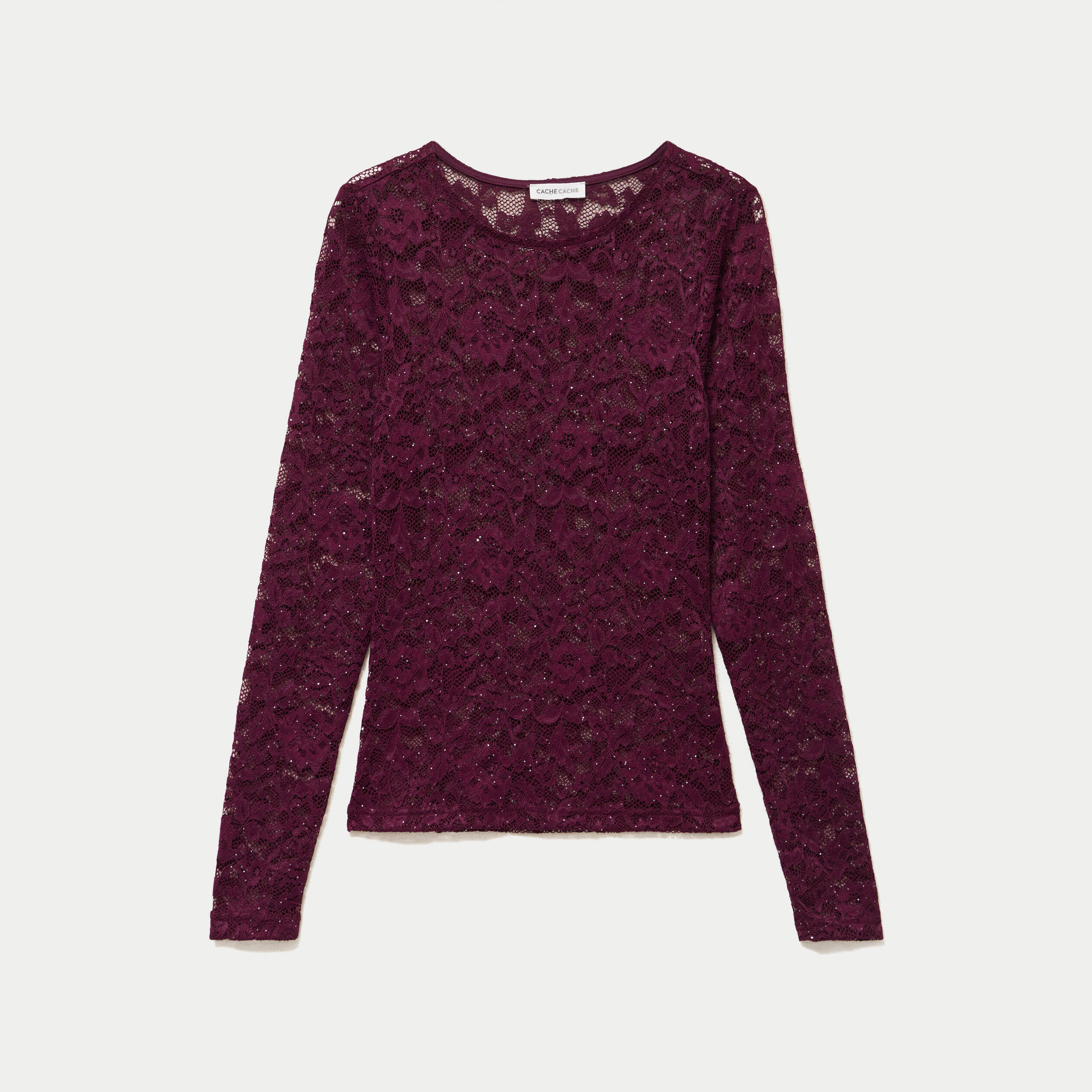 Top ajust&eacute; manches longues dentelle prune femme