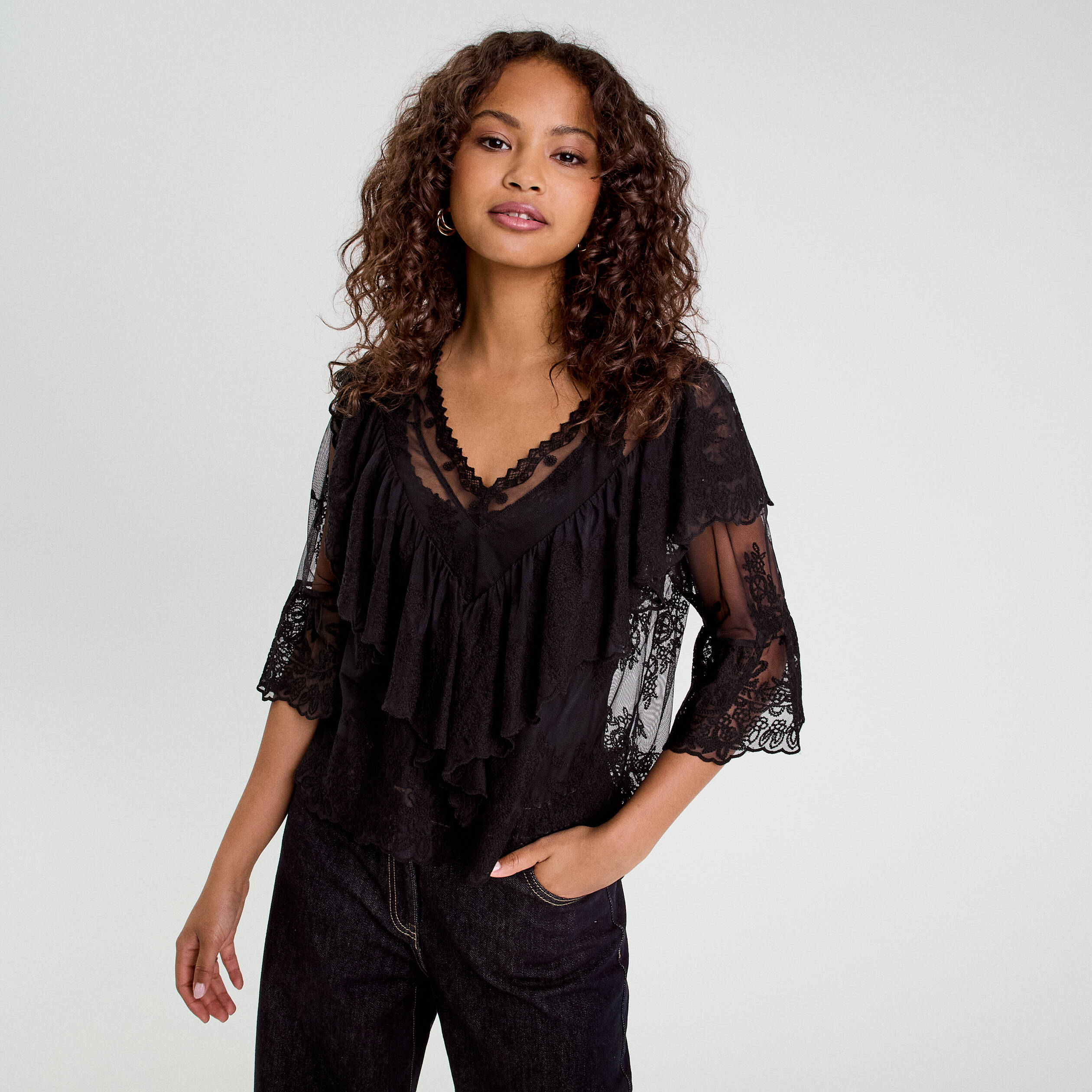 blouse manches 34 dentelle noir femme Blouse manches 3/4 dentelle noir femme