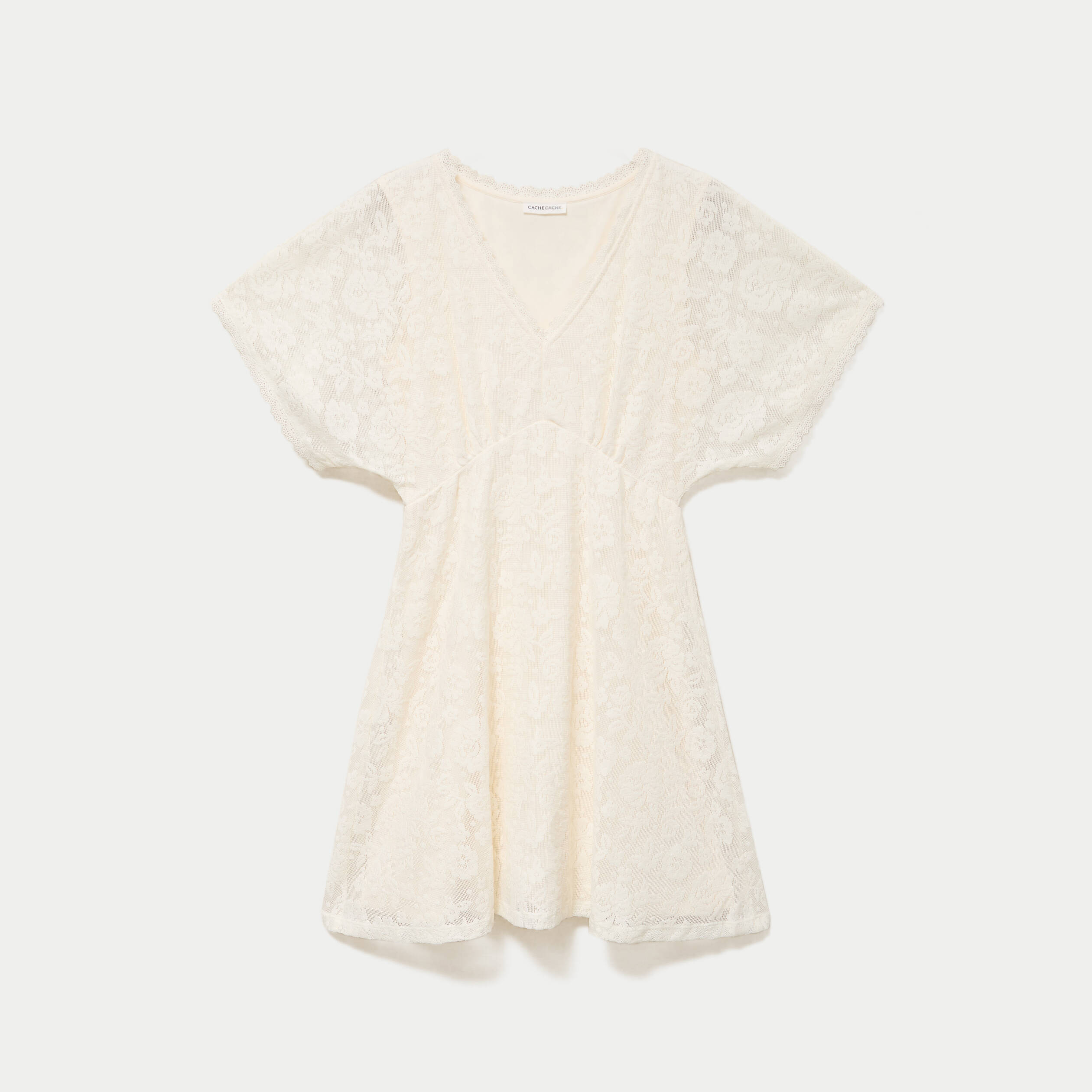 Robe courte &eacute;vas&eacute;e col v dentelle ecru femme