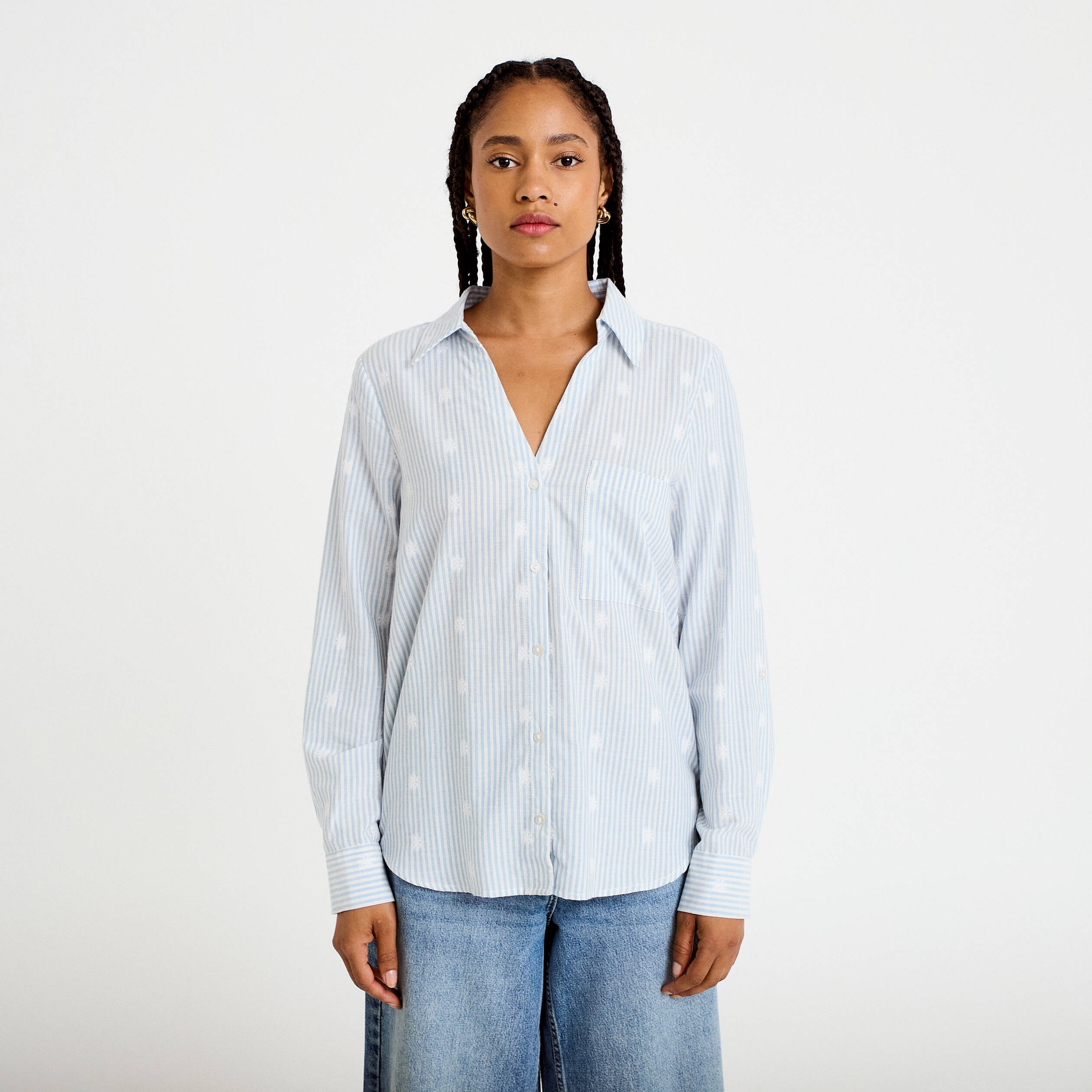 Chemise droite manches longues bleu clair femme