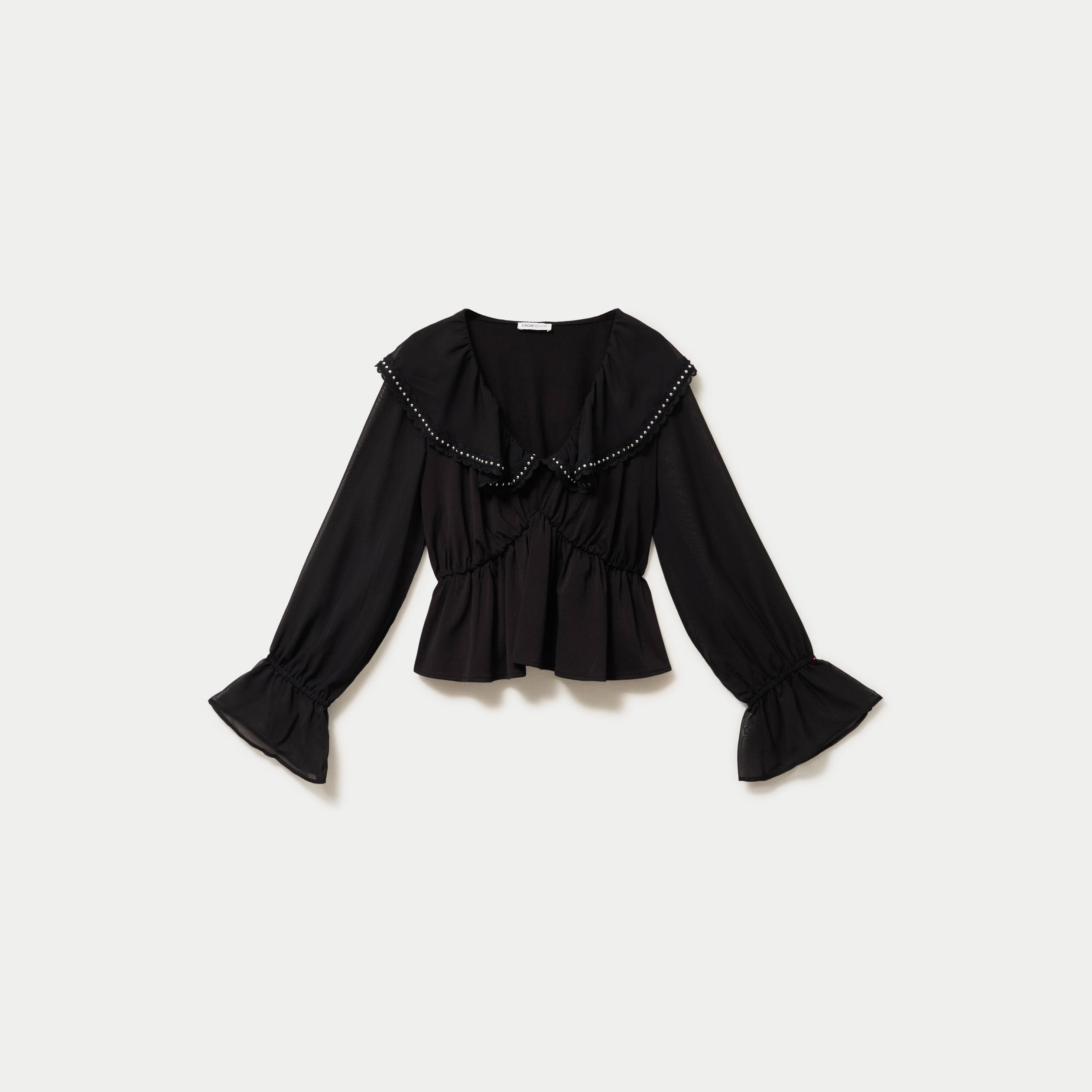 Blouse col claudine bas resserr&eacute; noir femme