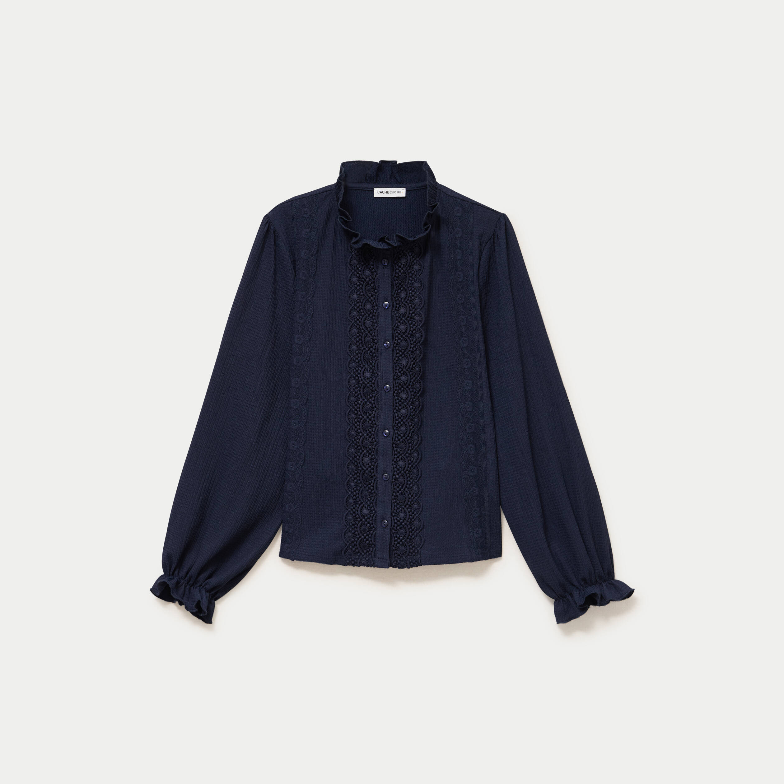 Blouse droite col montant dentelle bleu marine femme
