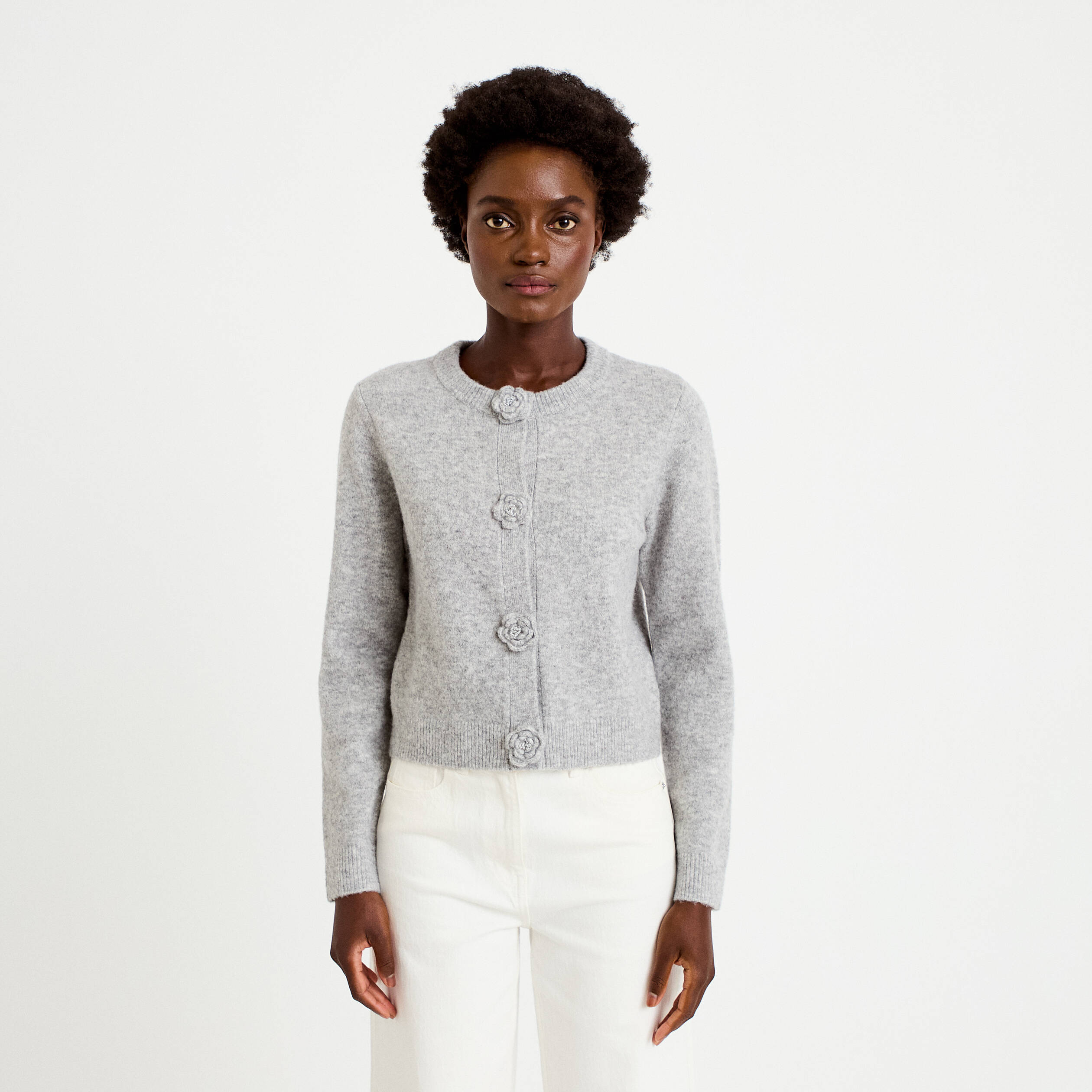 Gilet manches longues col rond gris clair femme