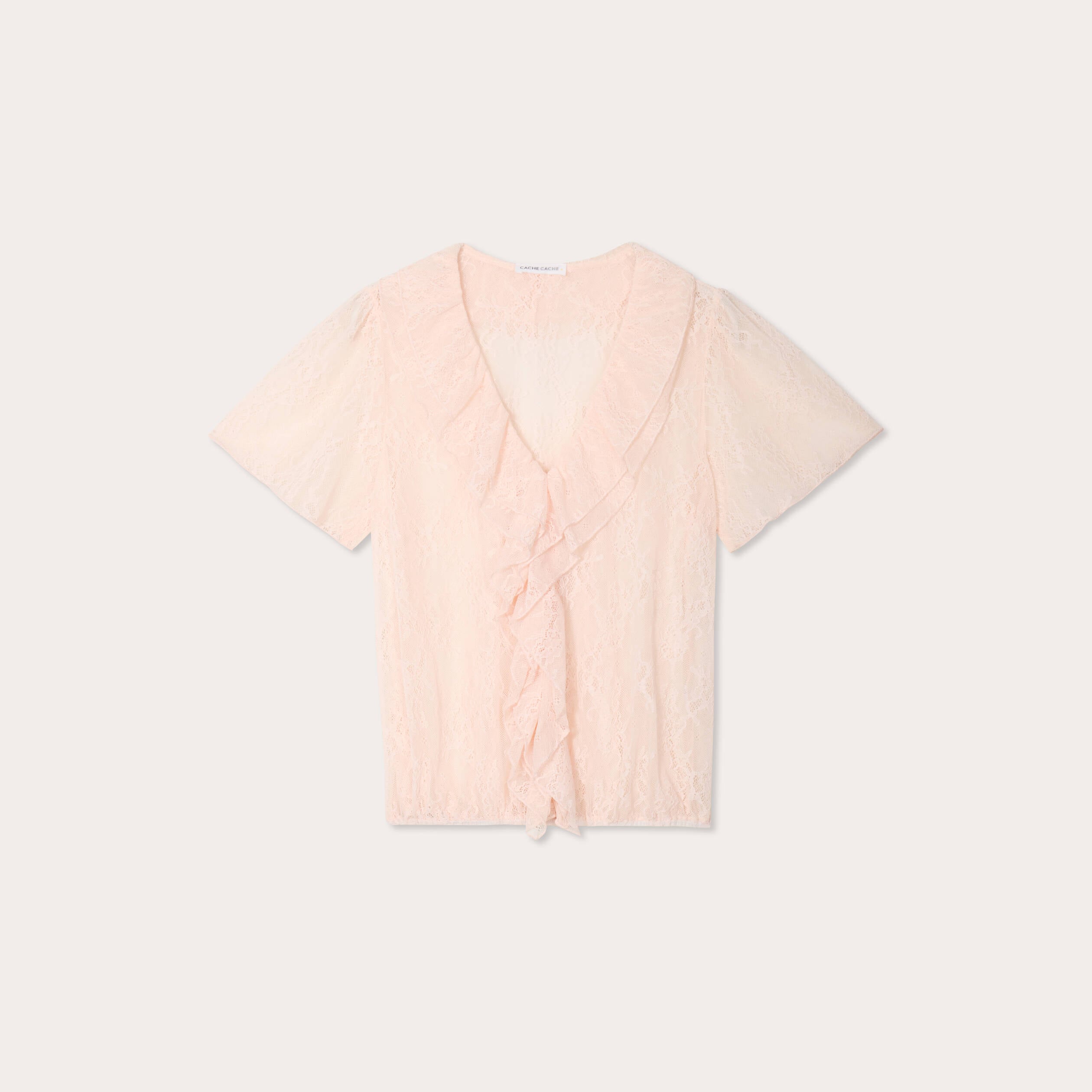 Top dentelle et volants rose clair femme