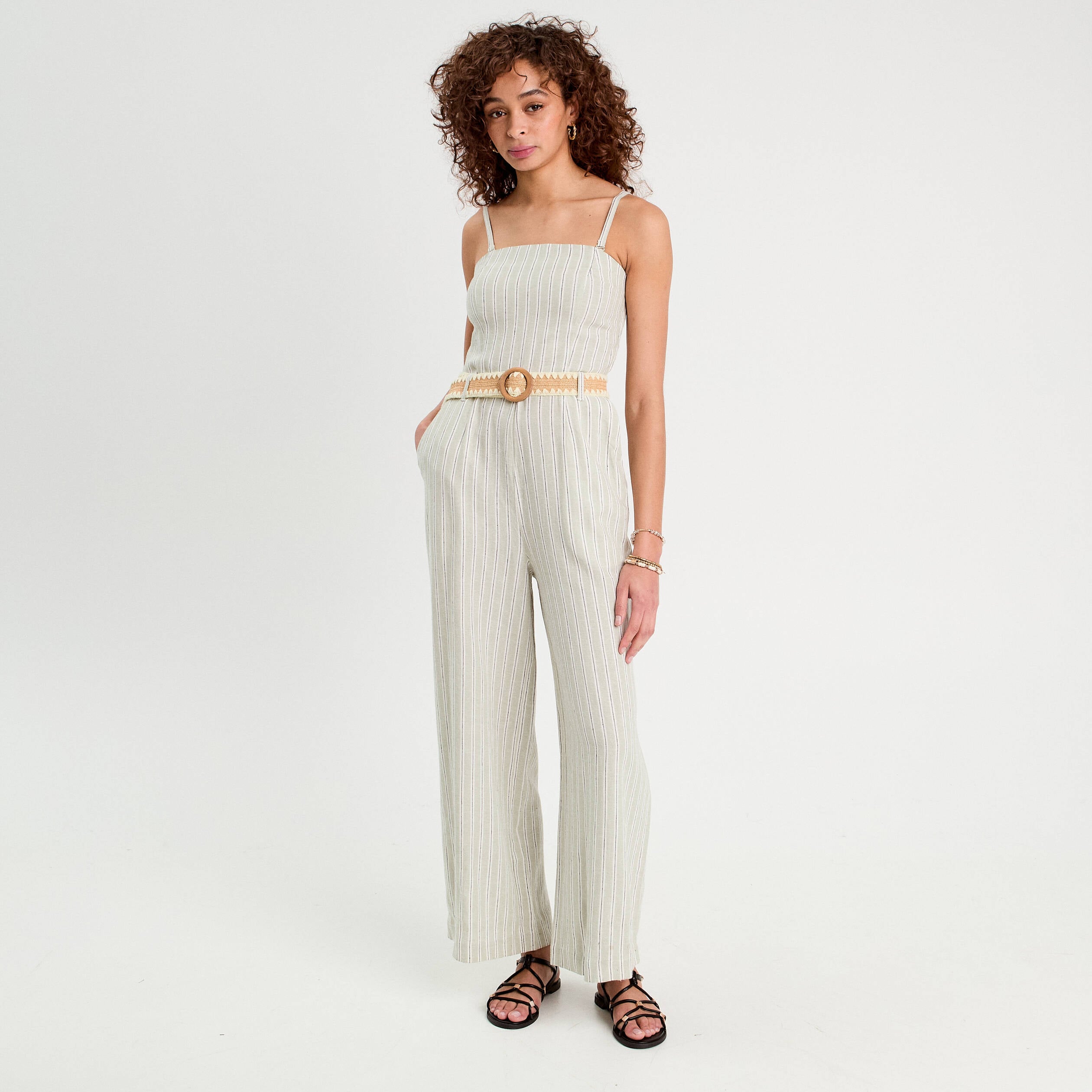 Combinaison pantalon bretelles avec lin vert femme