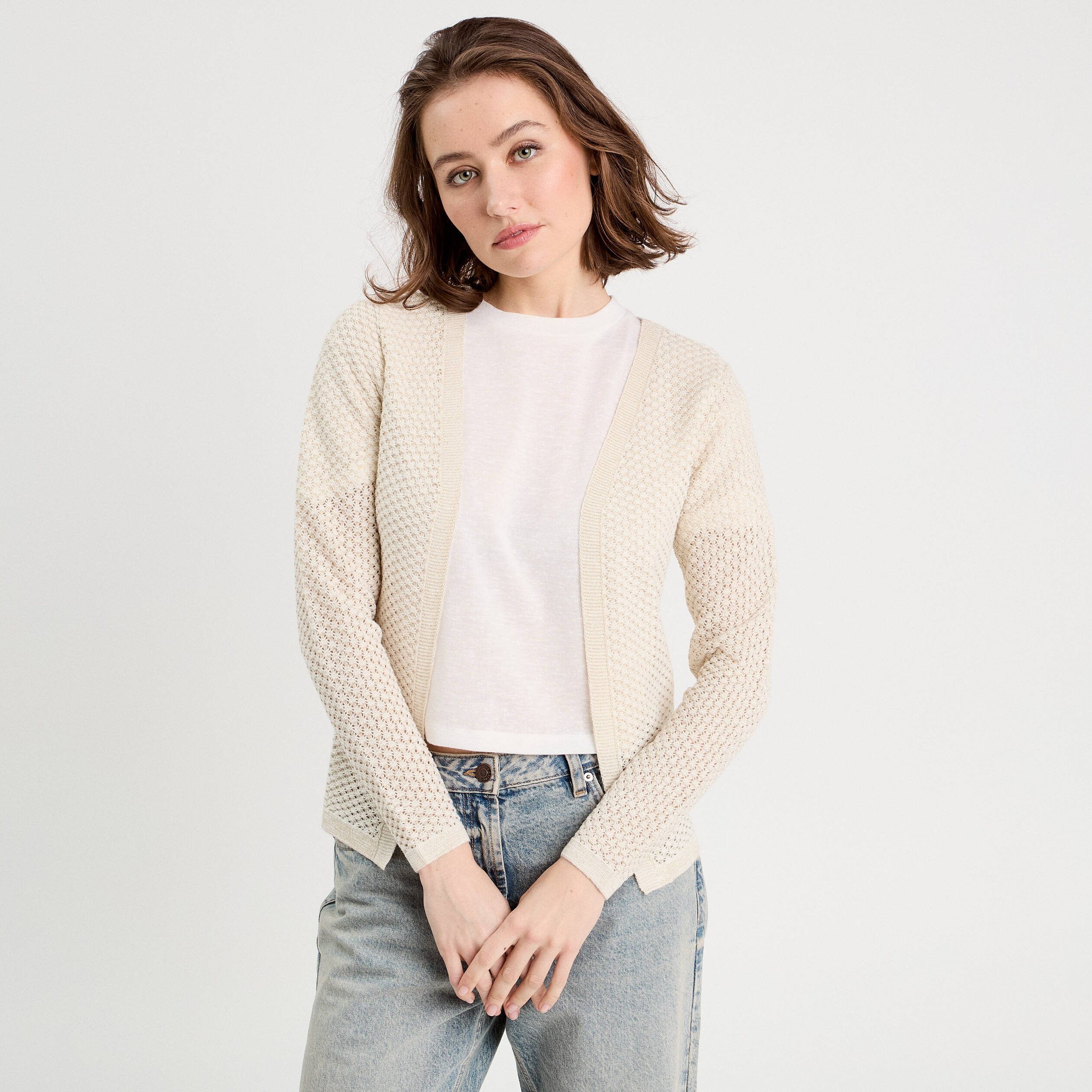 Gilet manches longues ajour&eacute; ecru femme