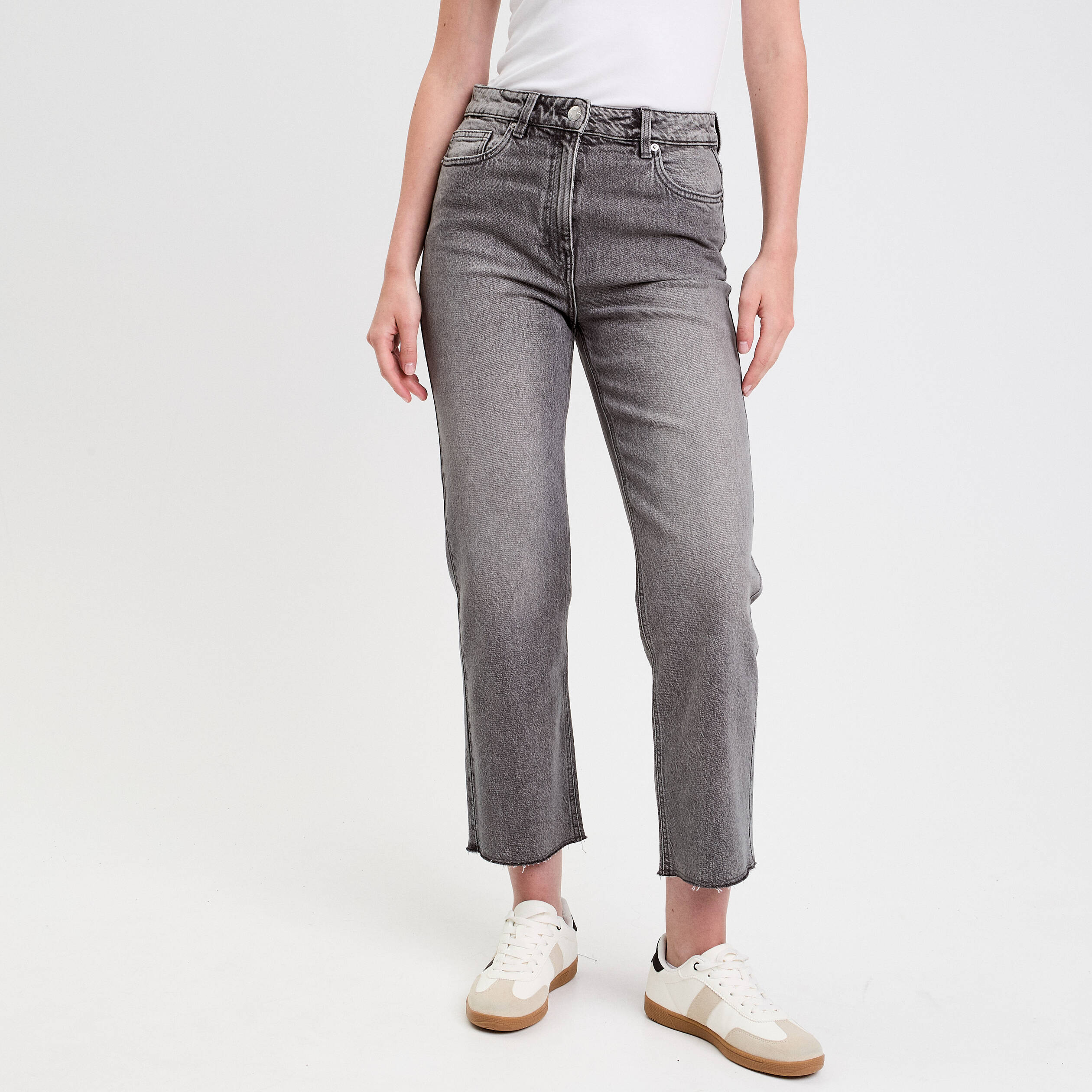 jeans droit taille haute denim gris femme Jeans droit taille haute denim gris femme