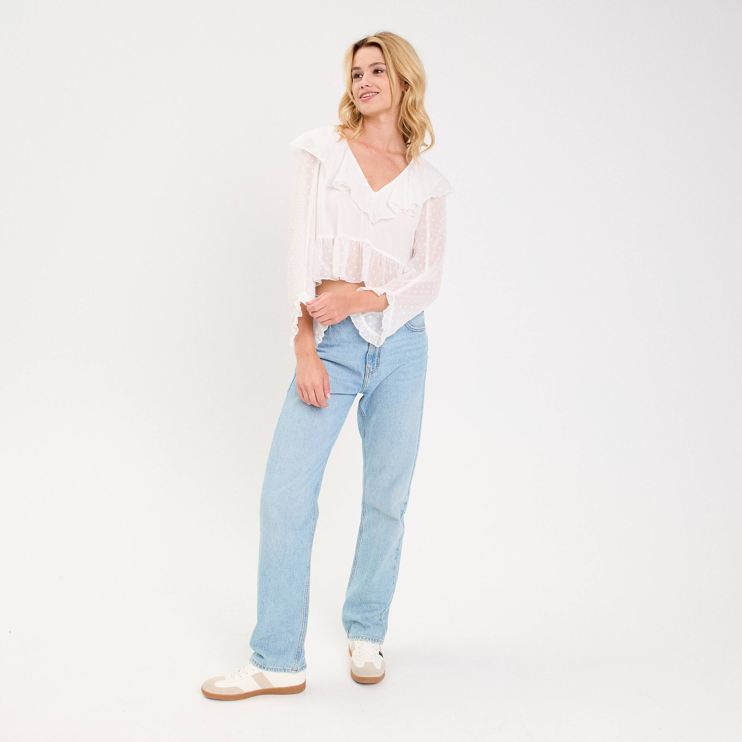 Blouse bi-mati&egrave;re oversize col v ecru femme