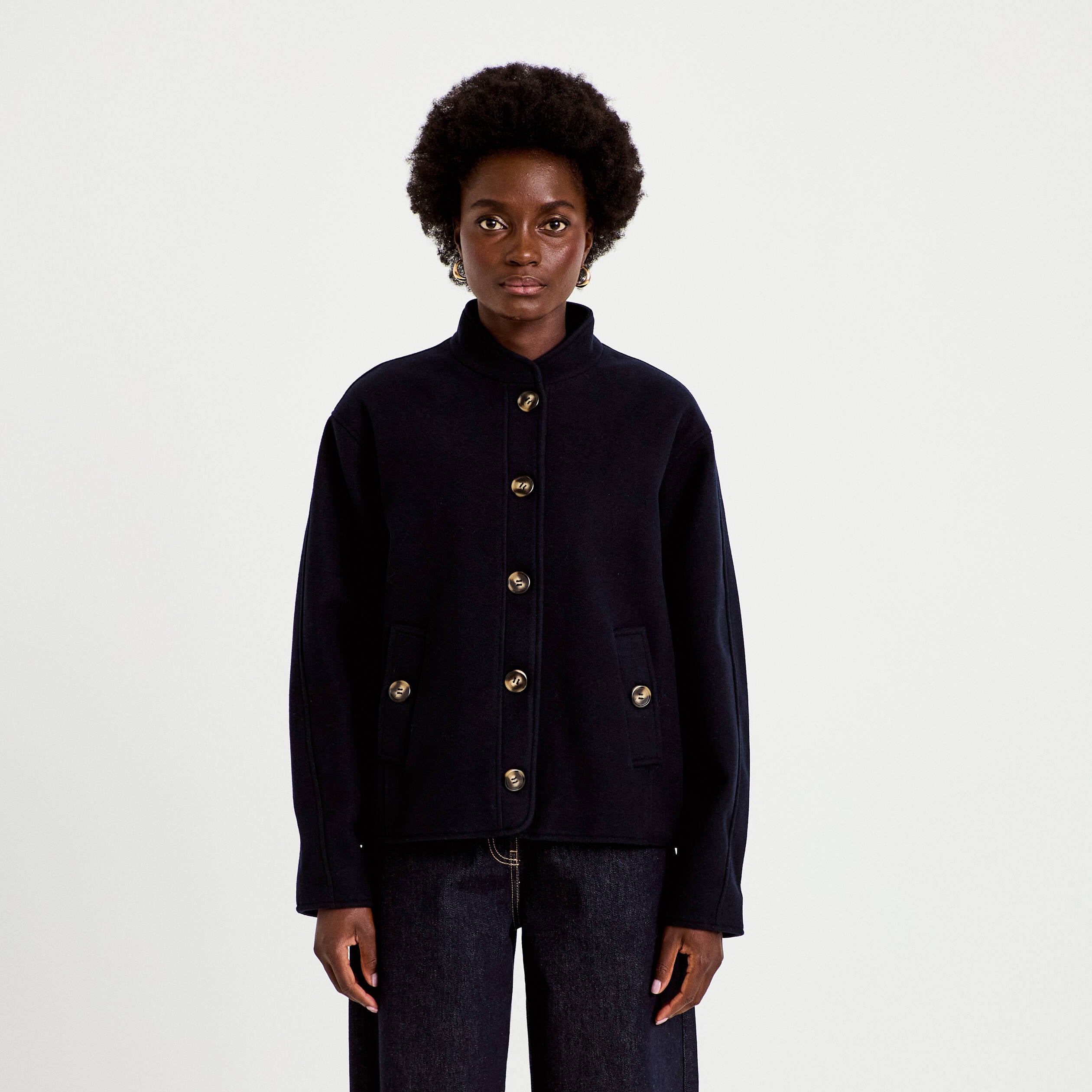 Veste droite col mao manches longues bleu marine femme