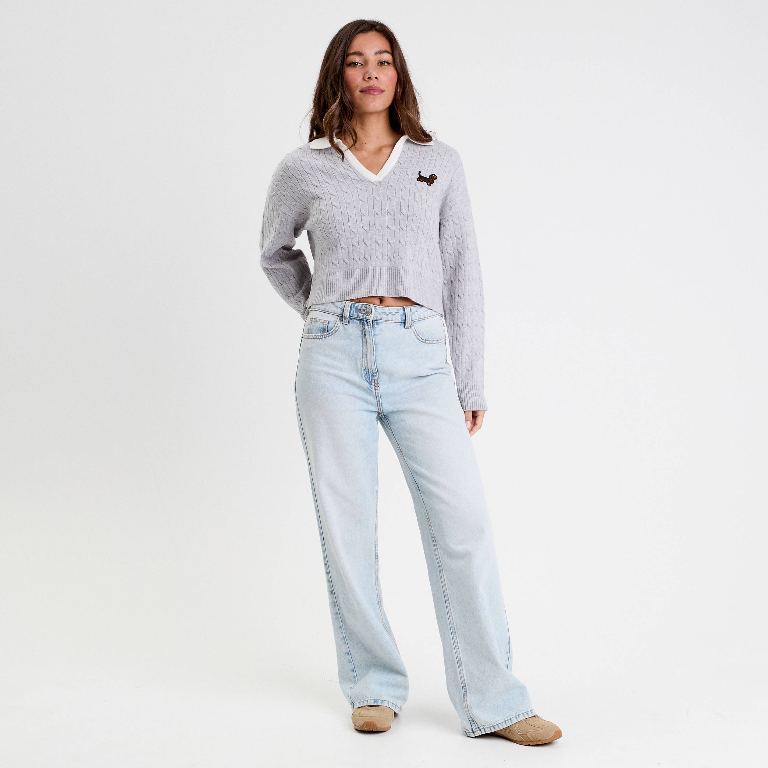 pull manches longues col polo gris clair femme Pull manches longues col polo gris clair femme