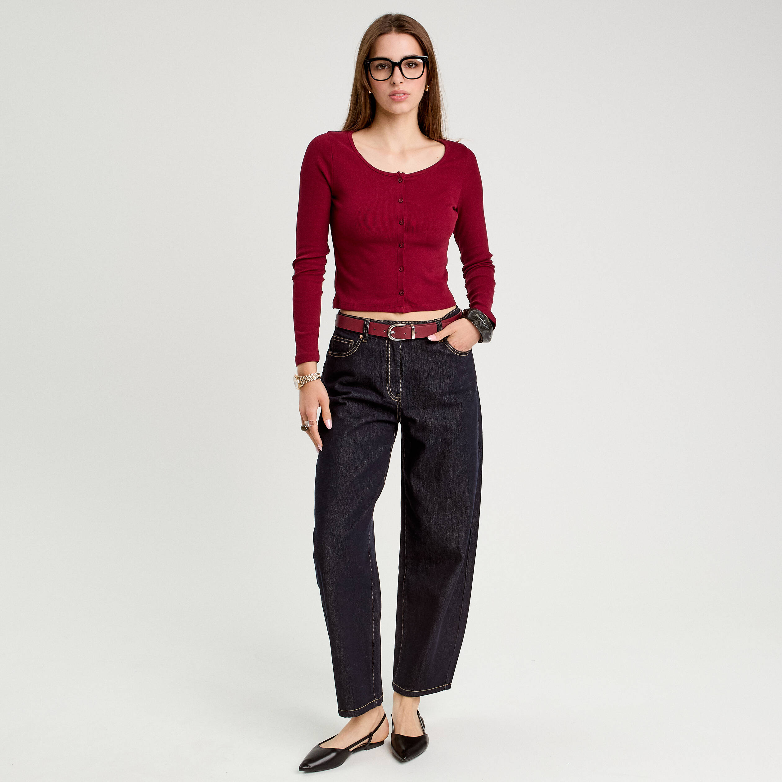 Gilet manches longues c&ocirc;tel&eacute; rouge fonc&eacute; femme