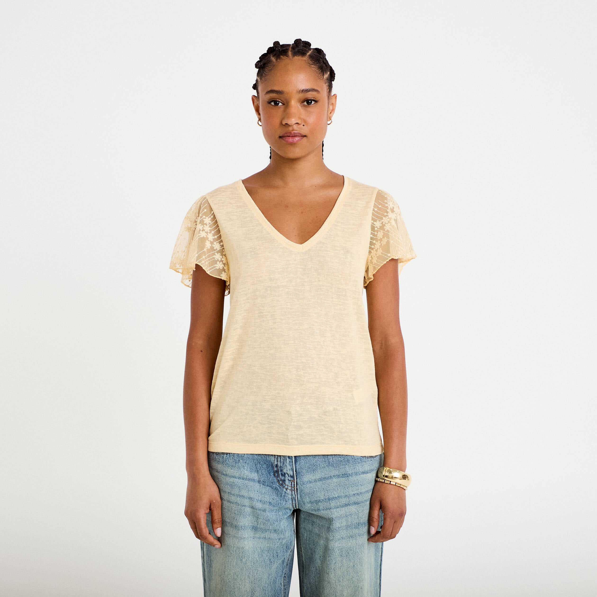 T-shirt manches dentelle sable femme