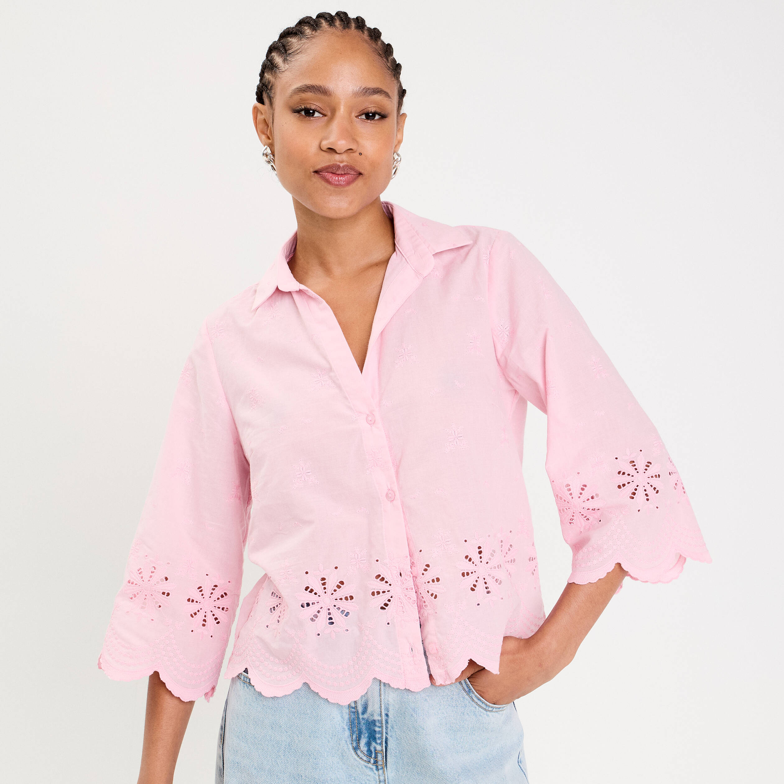 Blouse droite courte col chemise rose poudrée femme Vibs