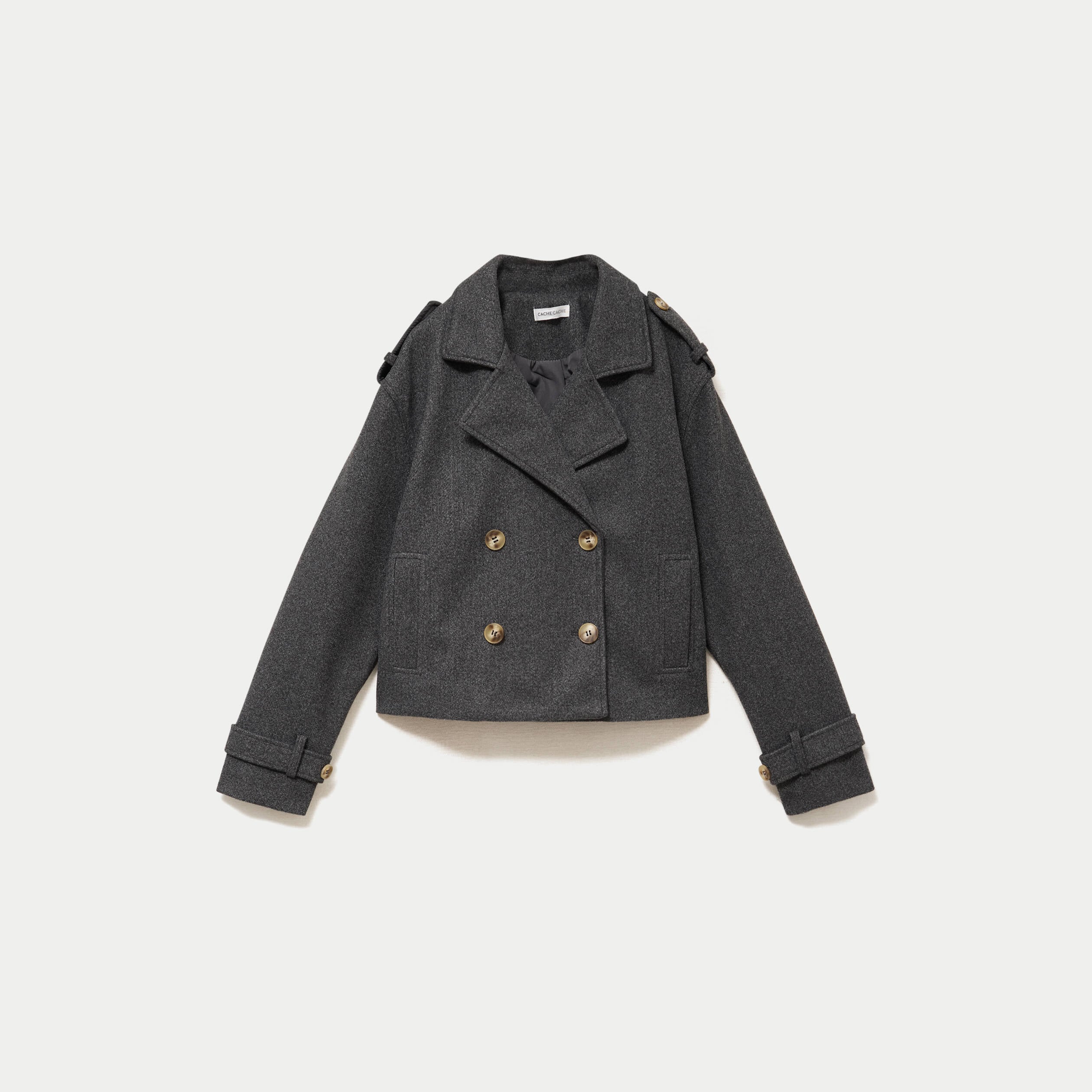 Trench court boutonn&eacute; gris femme