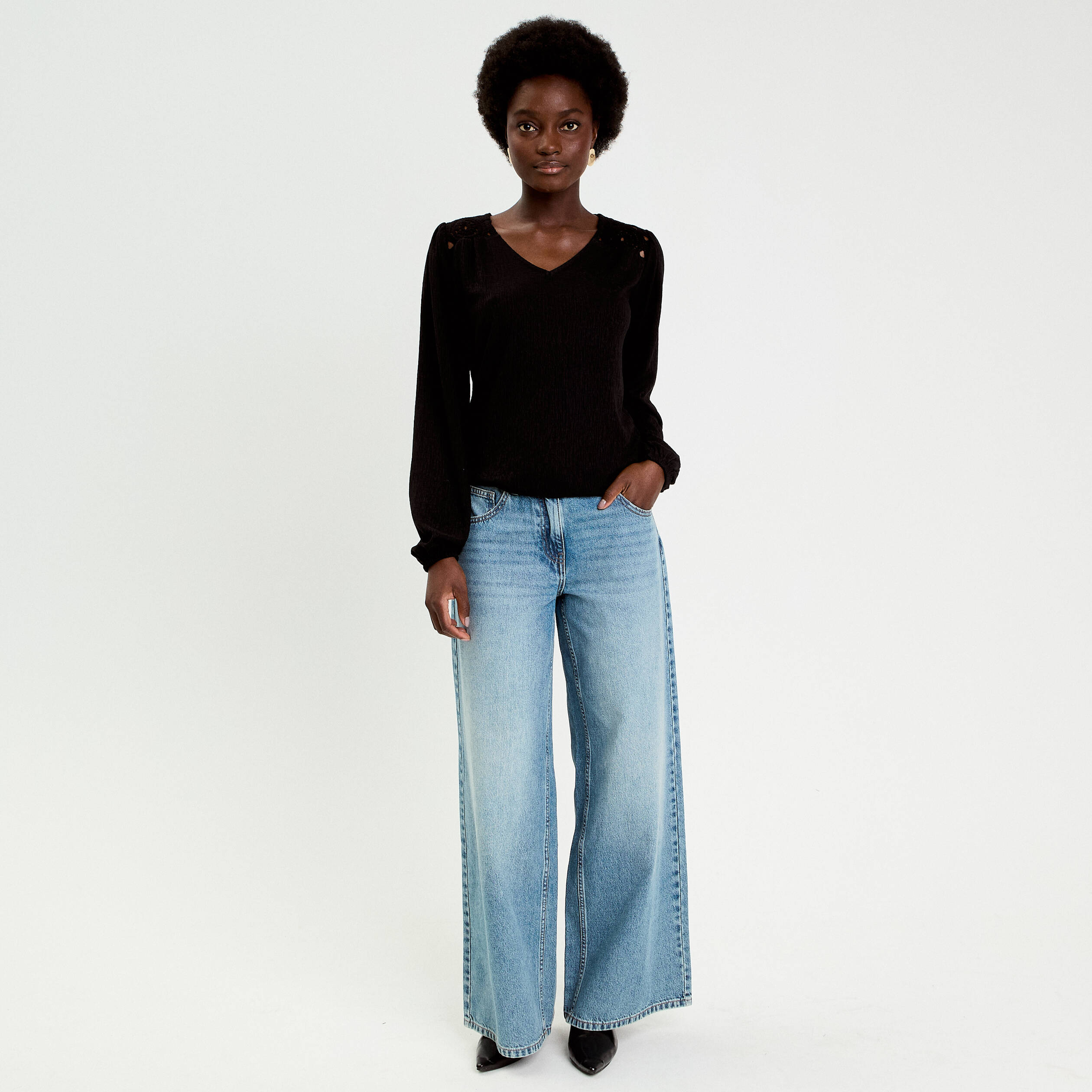Blouse macram&eacute; bas &eacute;lastiqu&eacute; noir femme