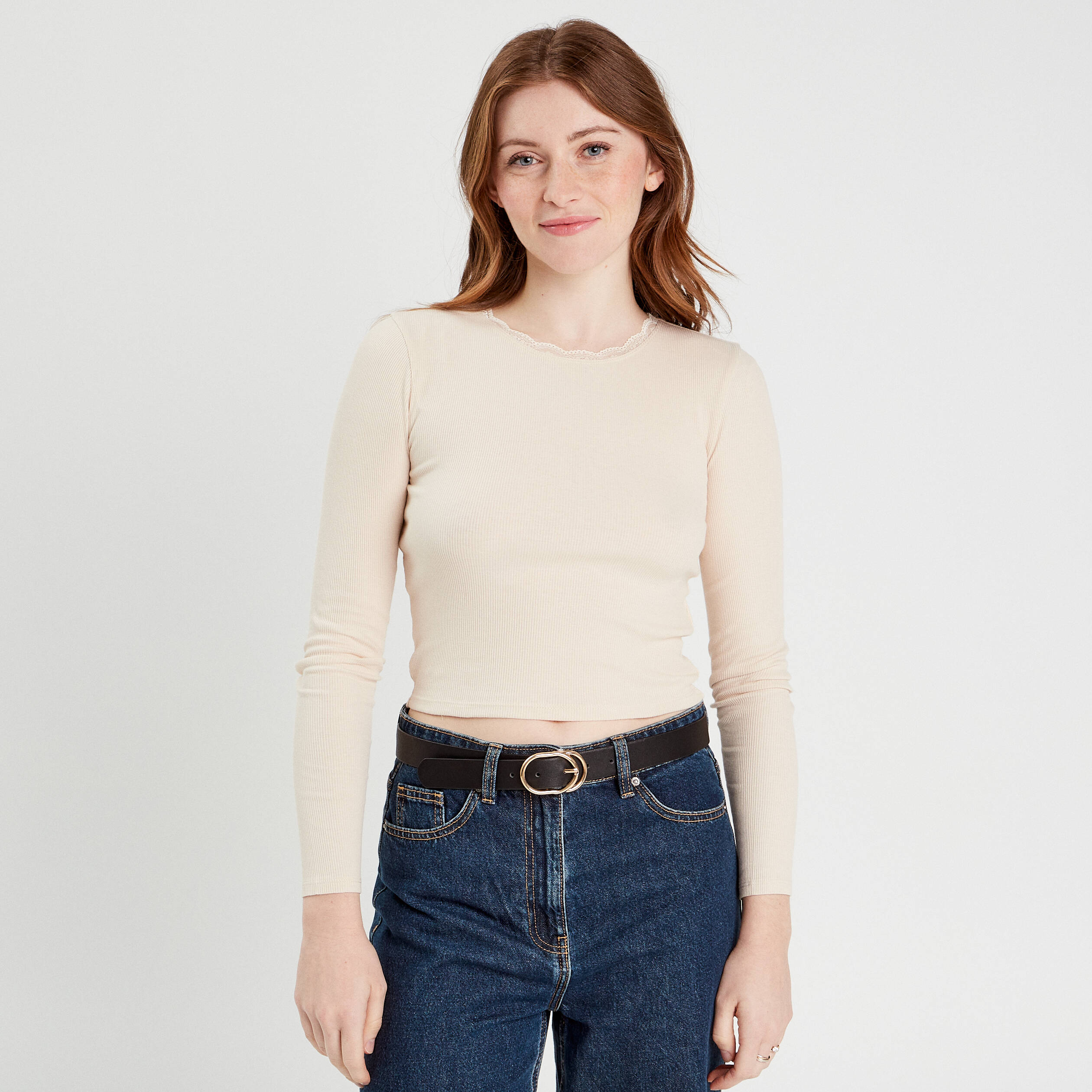 T-shirt cropped c&ocirc;tel&eacute; ecru femme