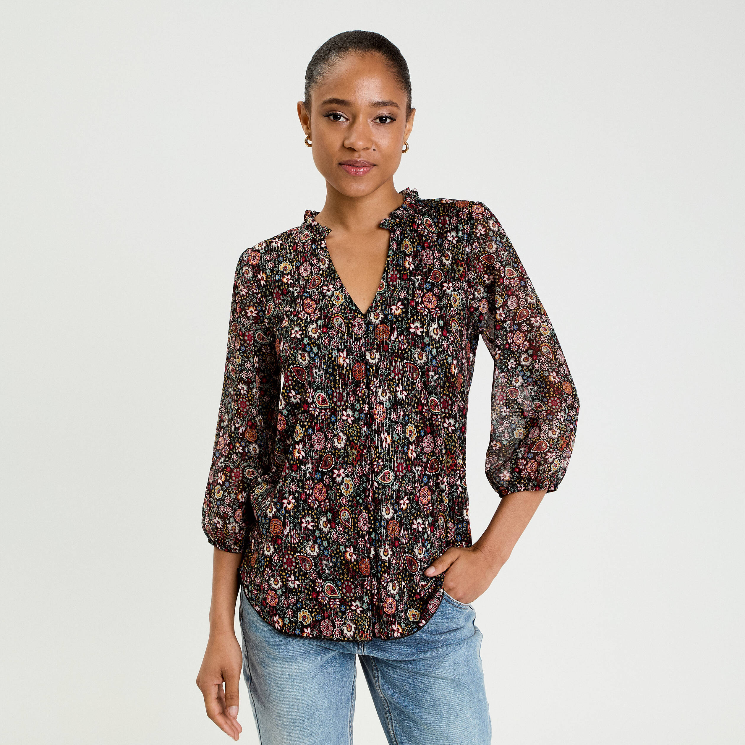 Haut Femme Antthony M, Motif Géométrique Rétro Multicolore, Sans Manches Col V