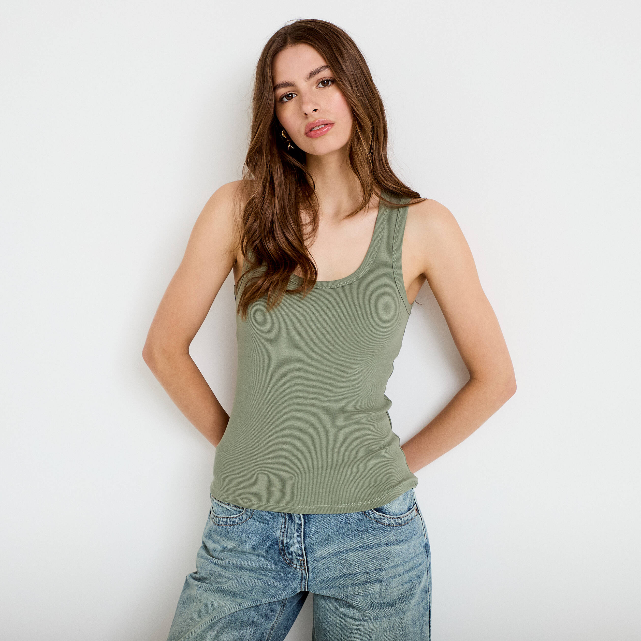 Débardeur Rayé Gris Et Vert Kaki - Taille 38-40 (S/M) - Occasion En Très Bon état