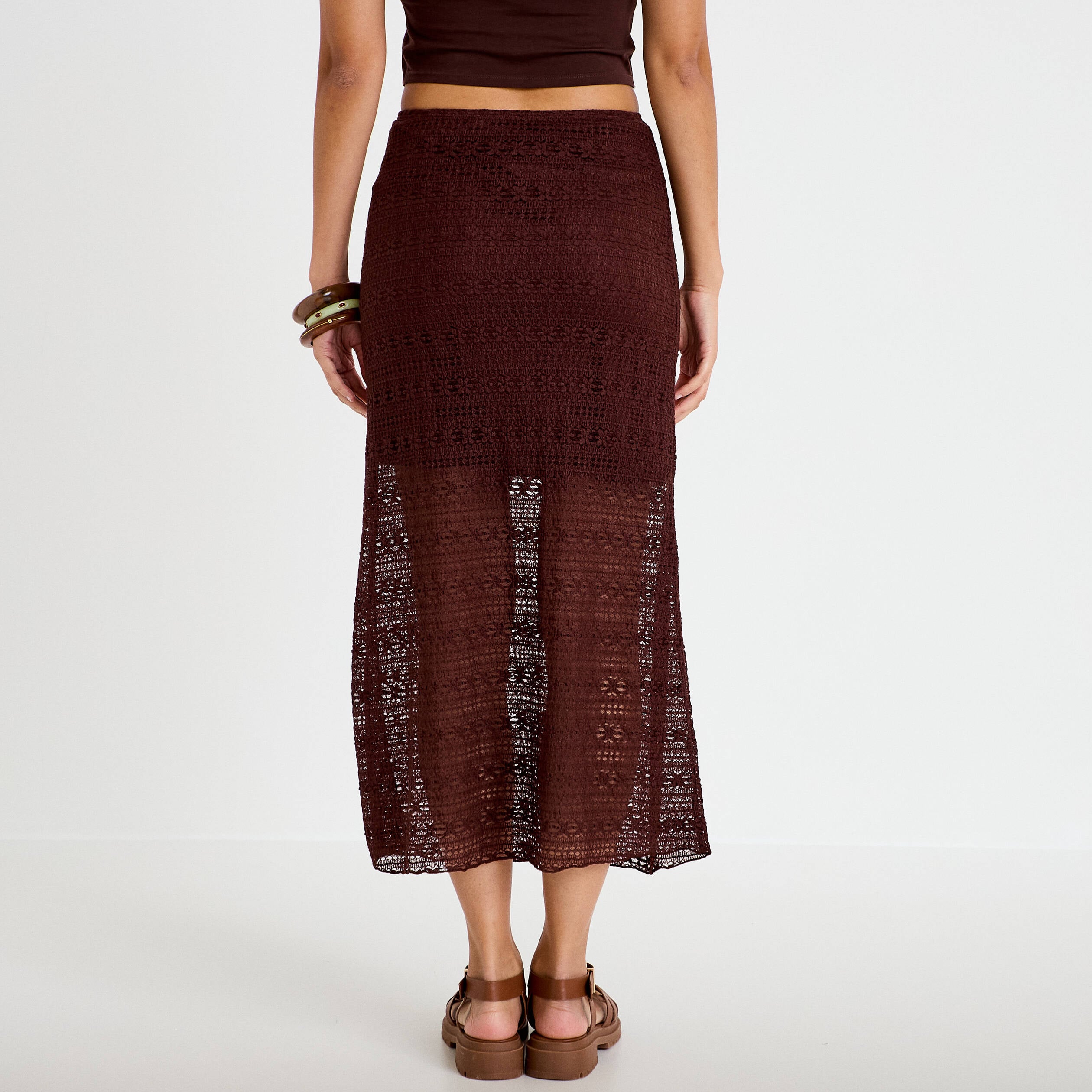 Jupe longue droite en dentelle marron femme