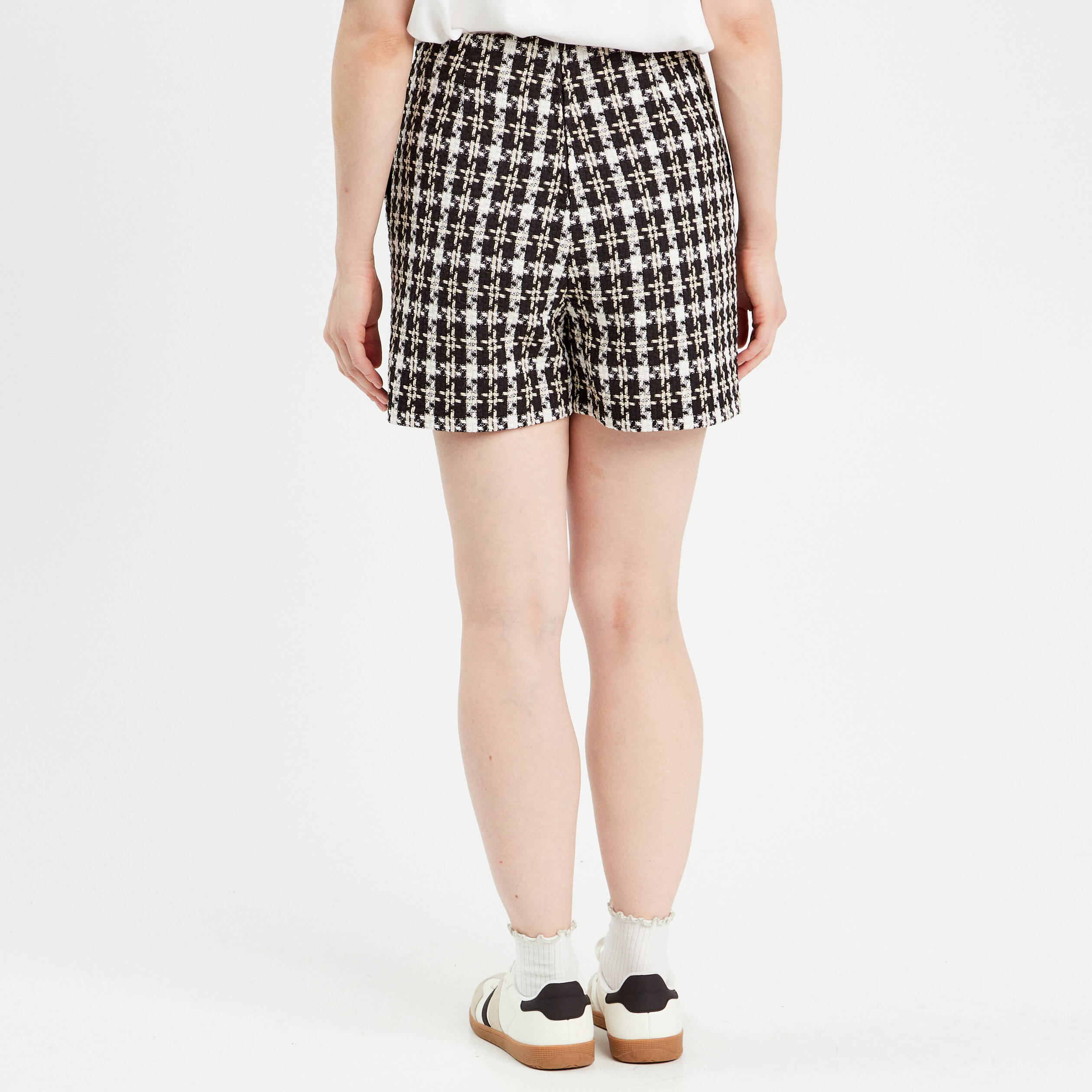 Jupe-short trap&egrave;ze tweed noir femme
