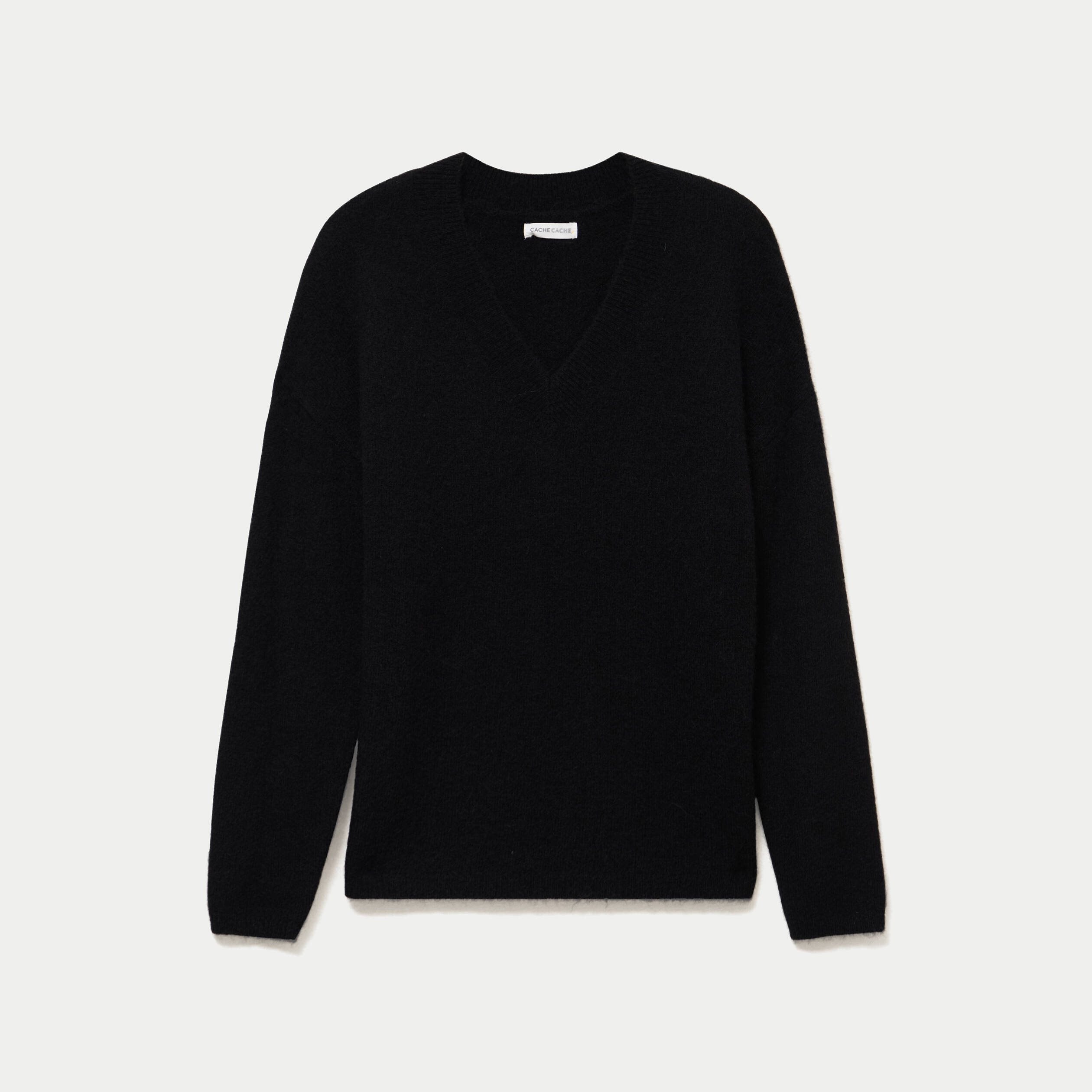 Pull col v manches longues noir femme