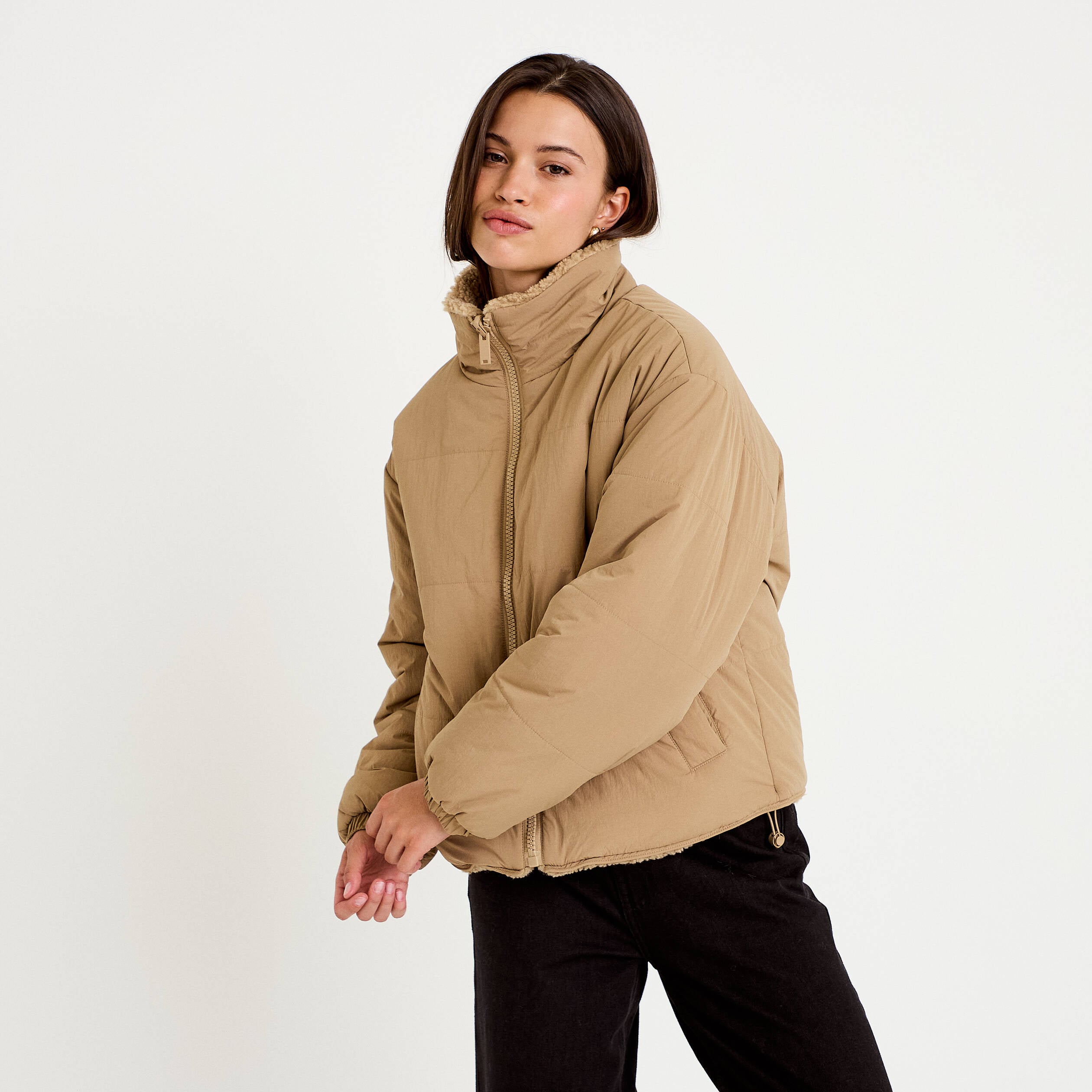 Parka r&eacute;versible effet polaire taupe femme