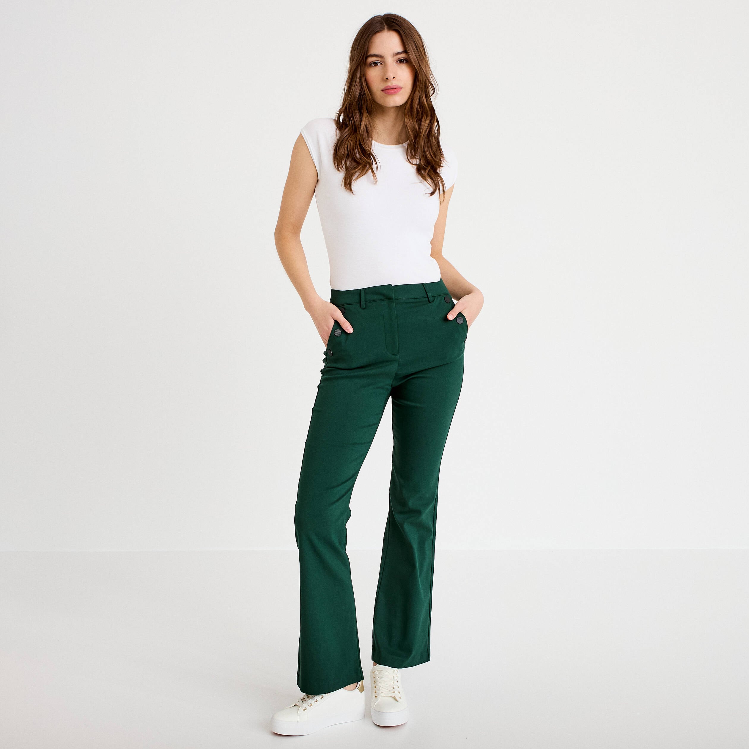 Pantalon bootcut &agrave; pont vert fonc&eacute; femme