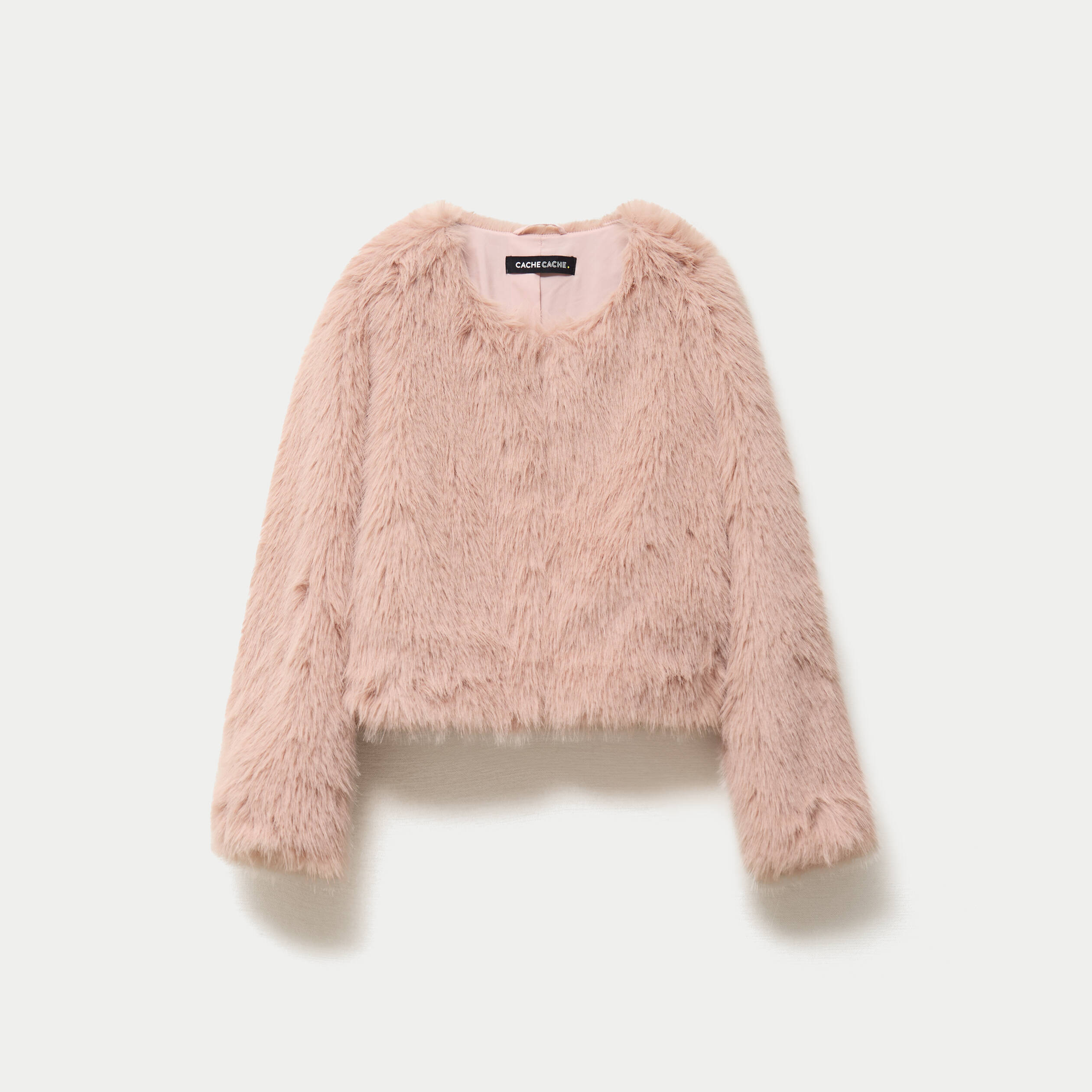 Veste droite fausse fourrure col rond rose poudr&eacute;e femme