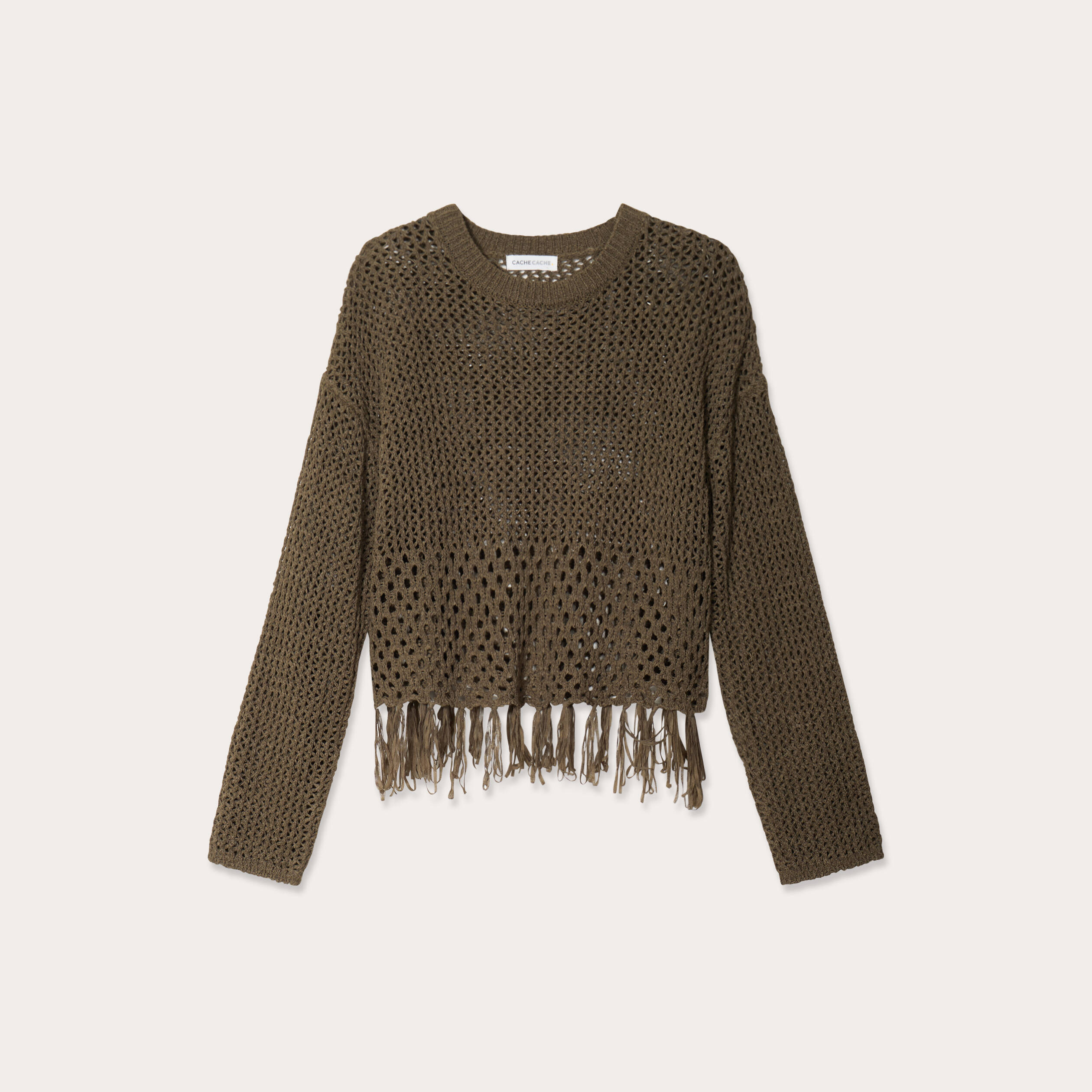 Pull ajour&eacute; avec franges vert kaki femme