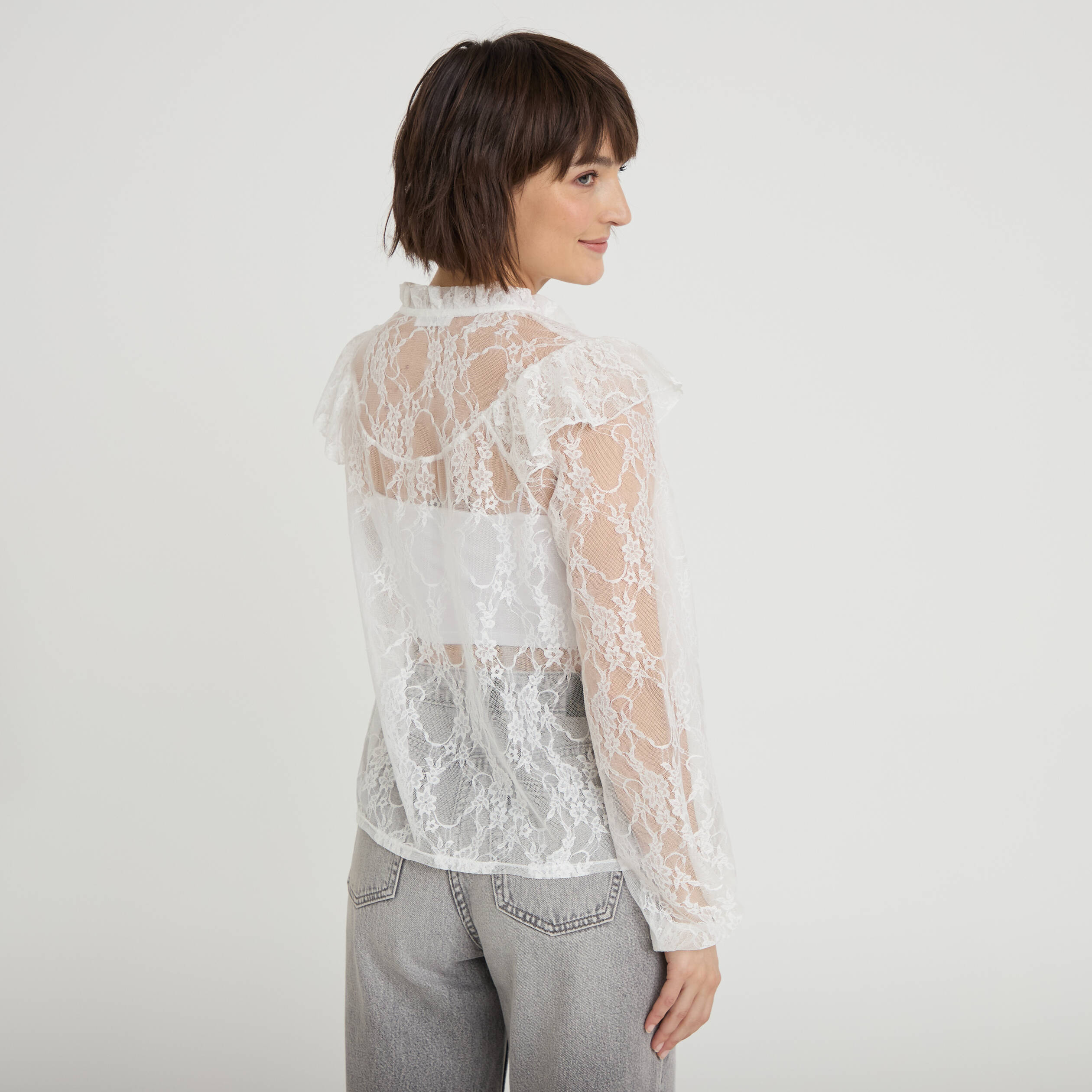 Blouse col rond manches longues dentelle ecru femme