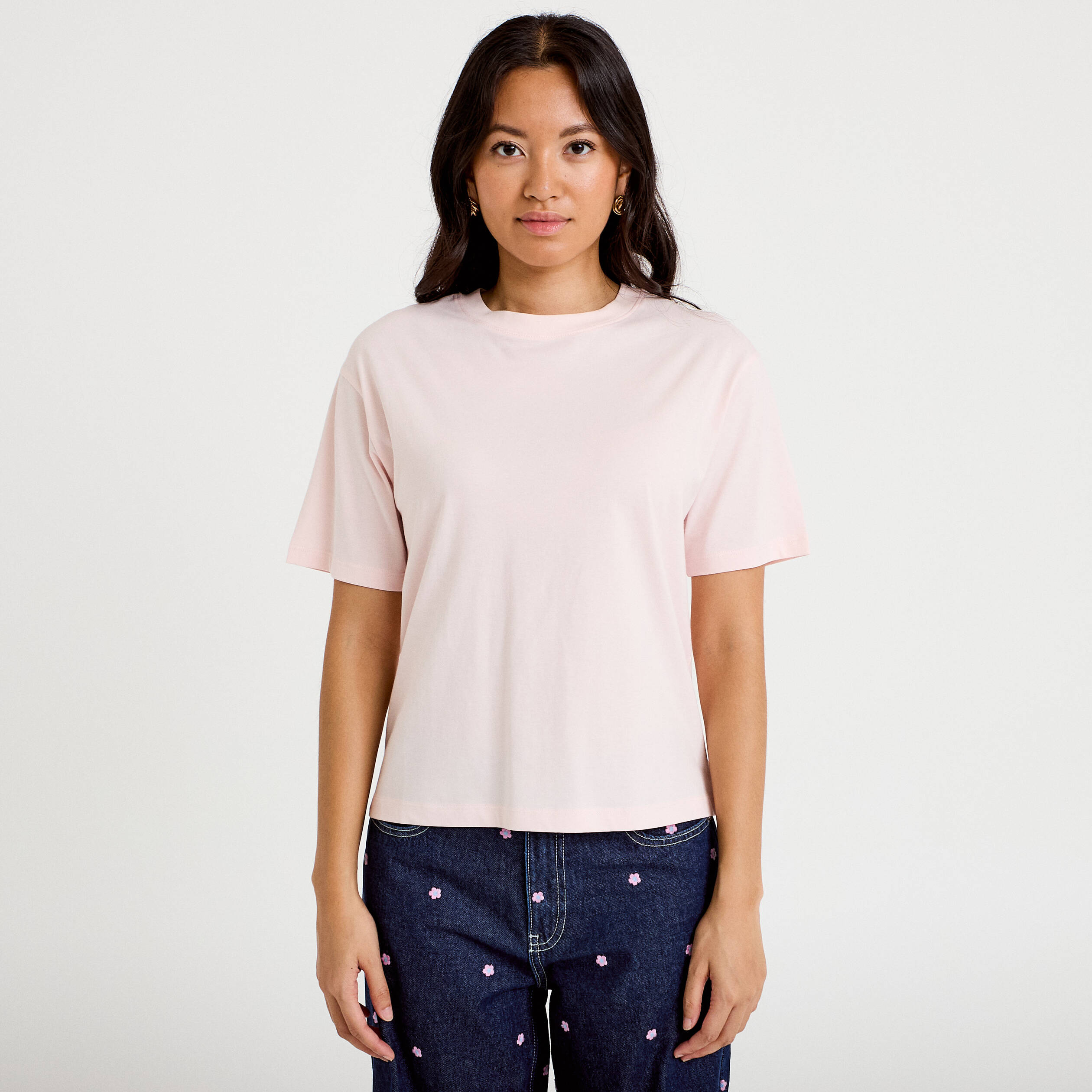 T-shirt col rond manches courtes rose clair femme