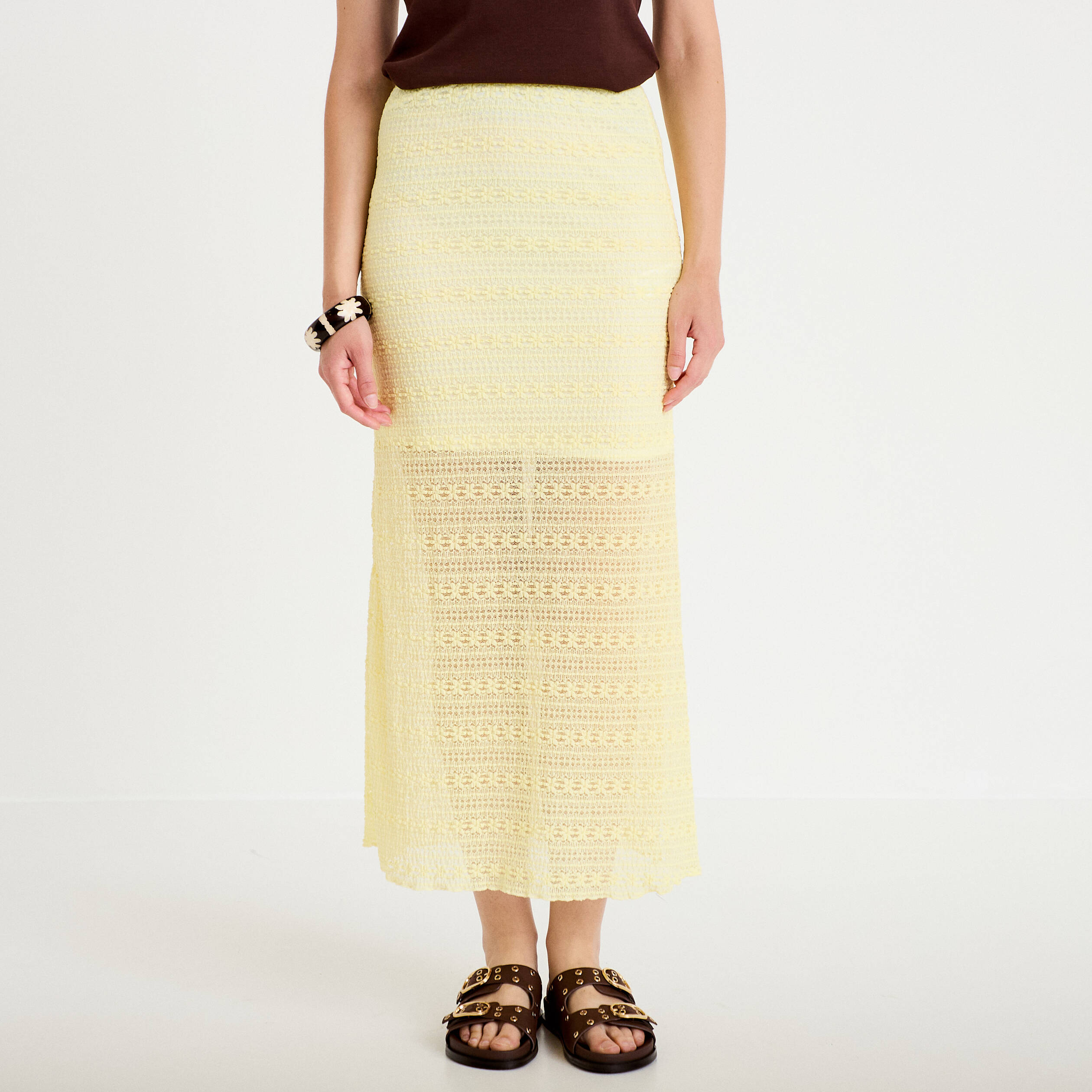 Jupe longue droite en dentelle jaune clair femme