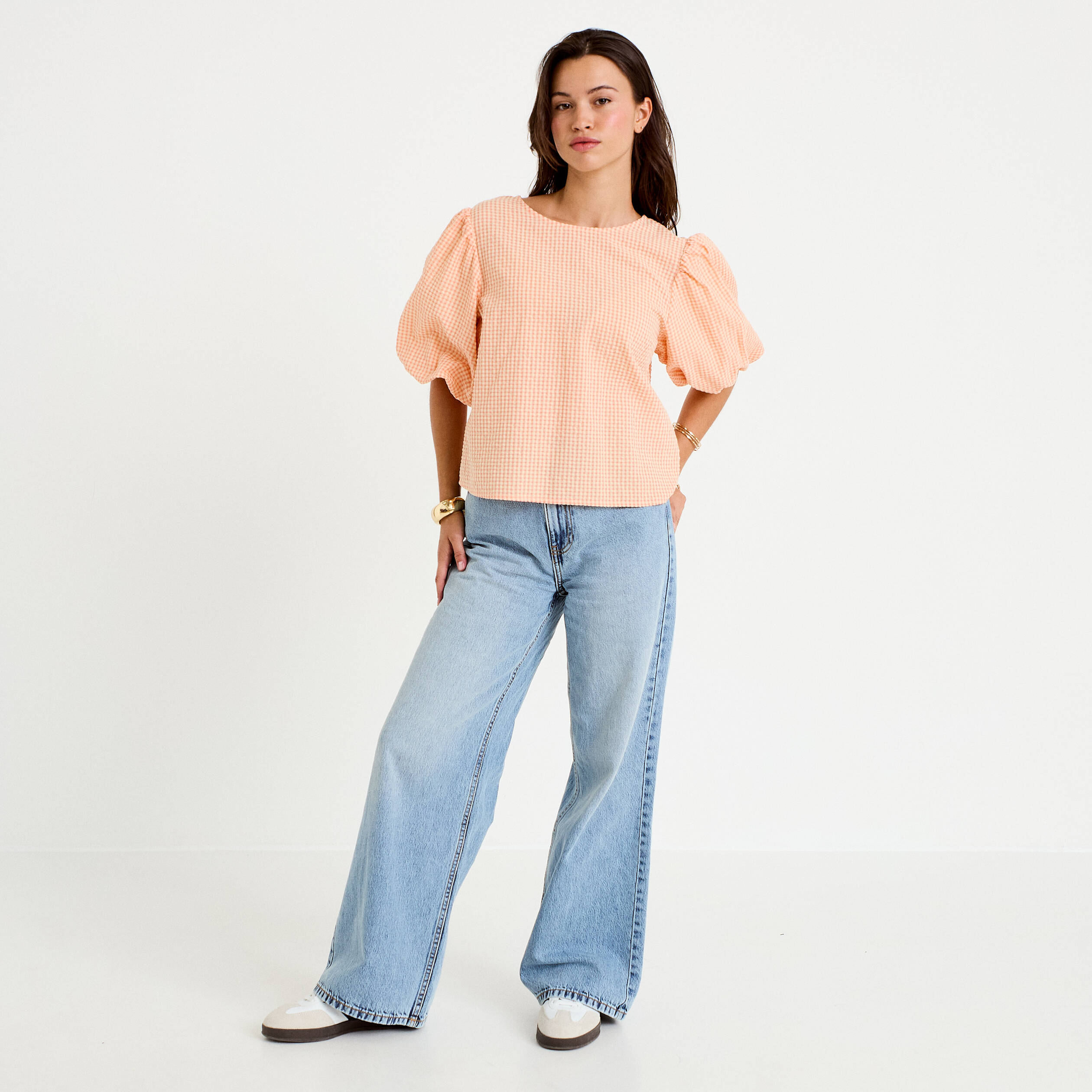 Blouse effet boule manches courtes orange femme