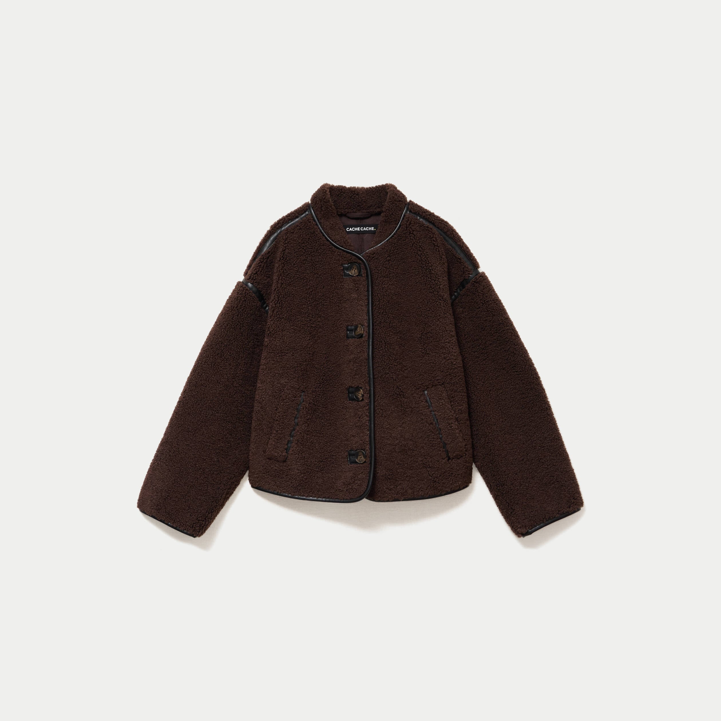 Veste effet polaire manches longues marron fonc&eacute; femme