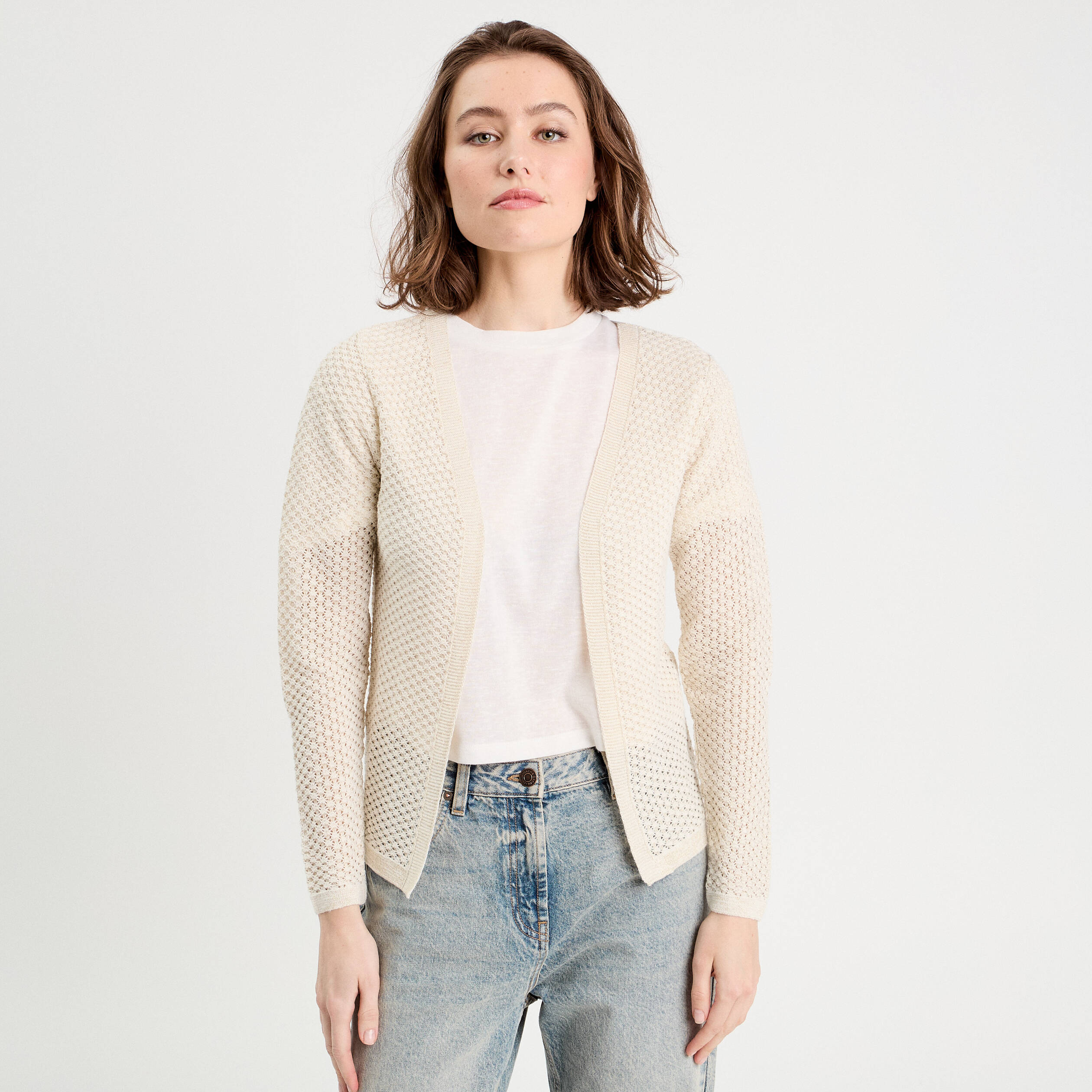 Gilet manches longues ajour&eacute; ecru femme