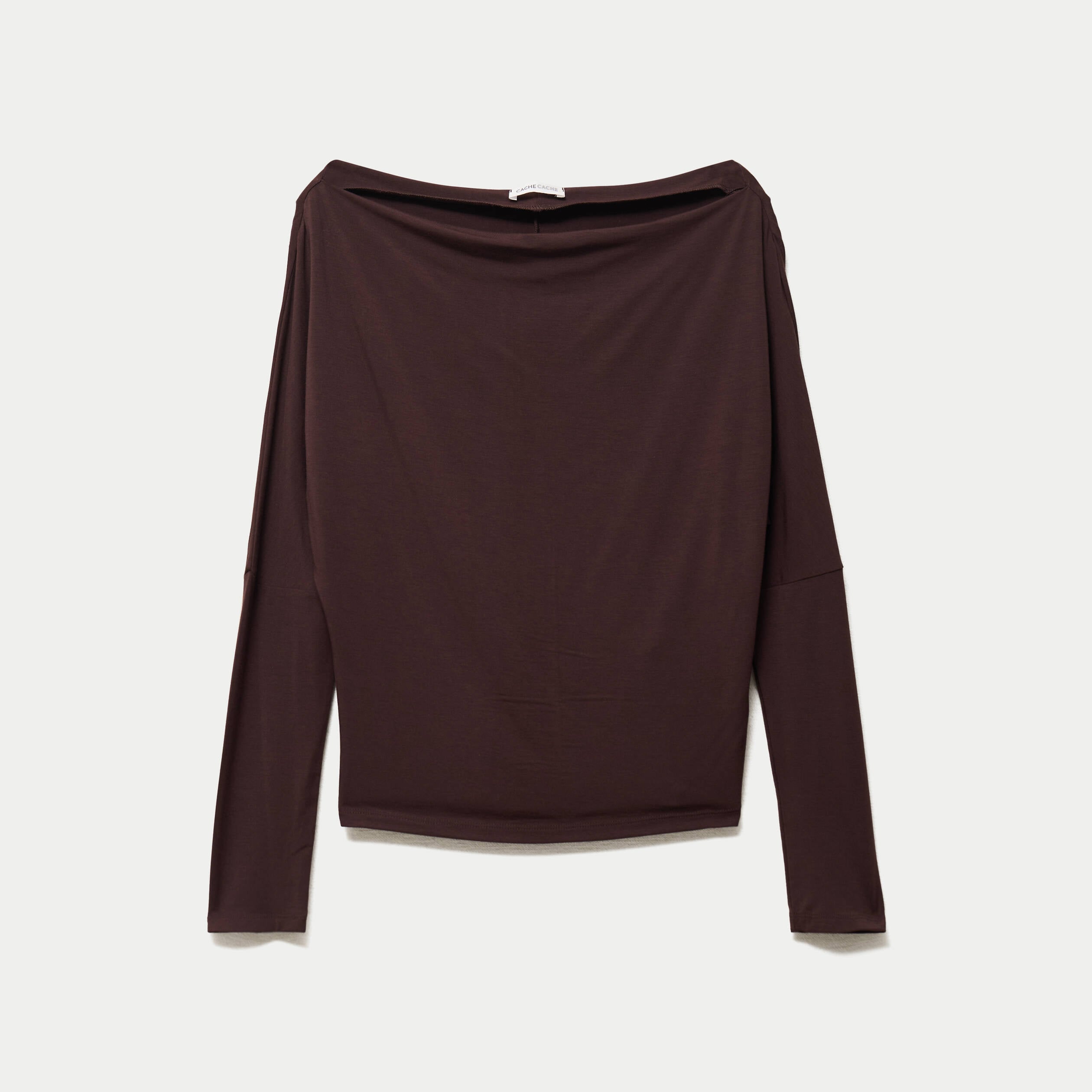 T-shirt col bateau manches longues marron fonc&eacute; femme