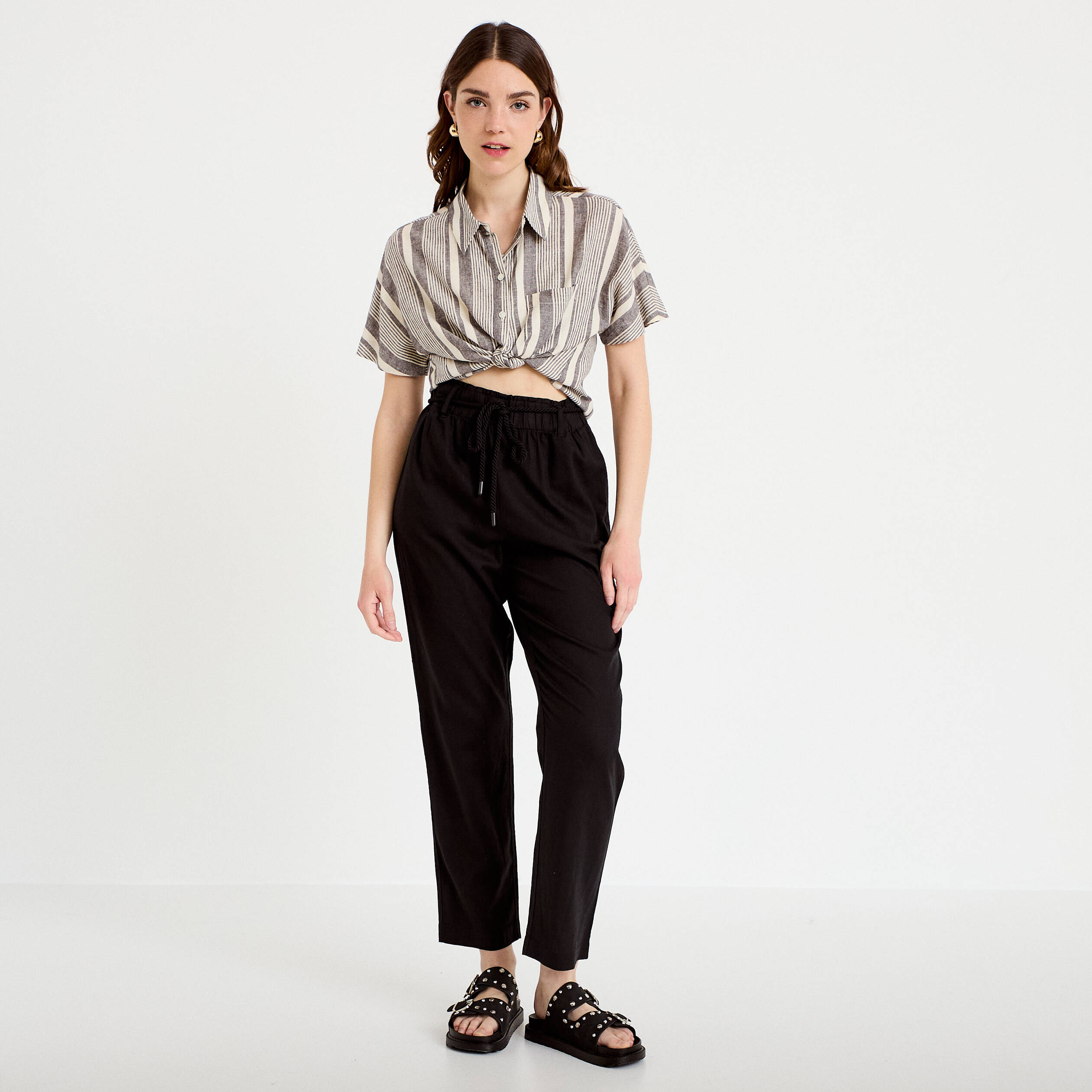Pantalon droit 7/8&egrave;me taille haute noir femme