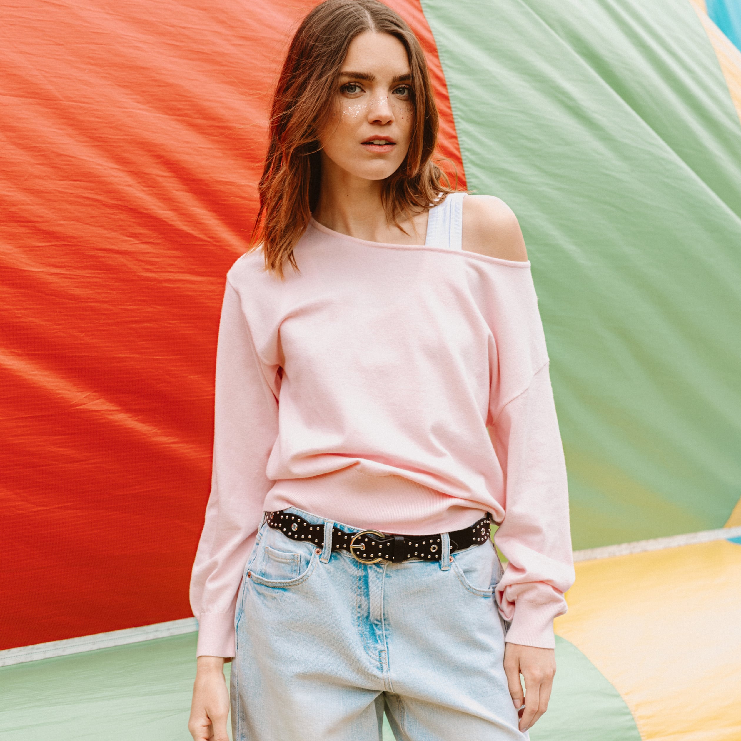 Pull ample manches longues fin rose clair femme