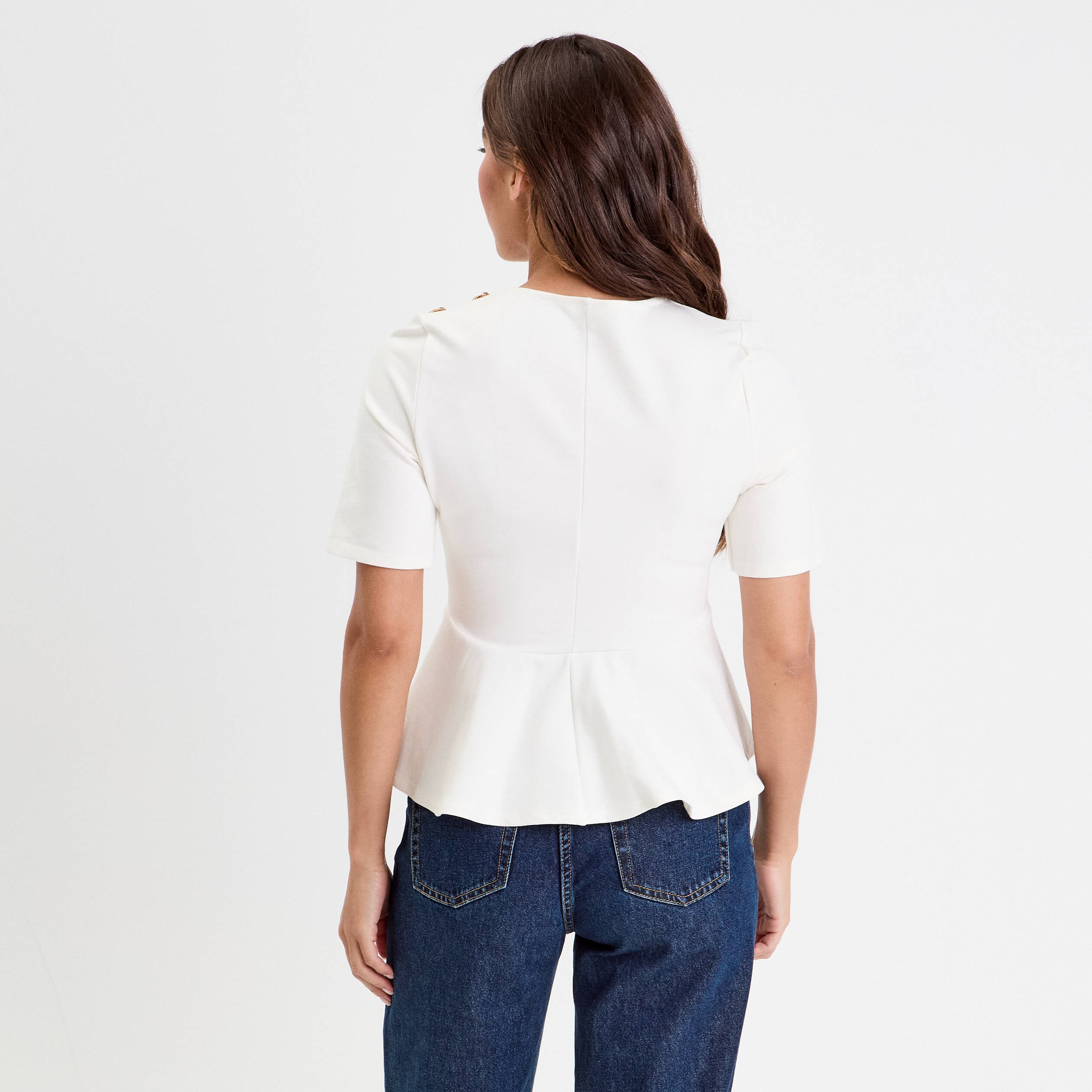 Top cintr&eacute; col rond manches longues ecru femme