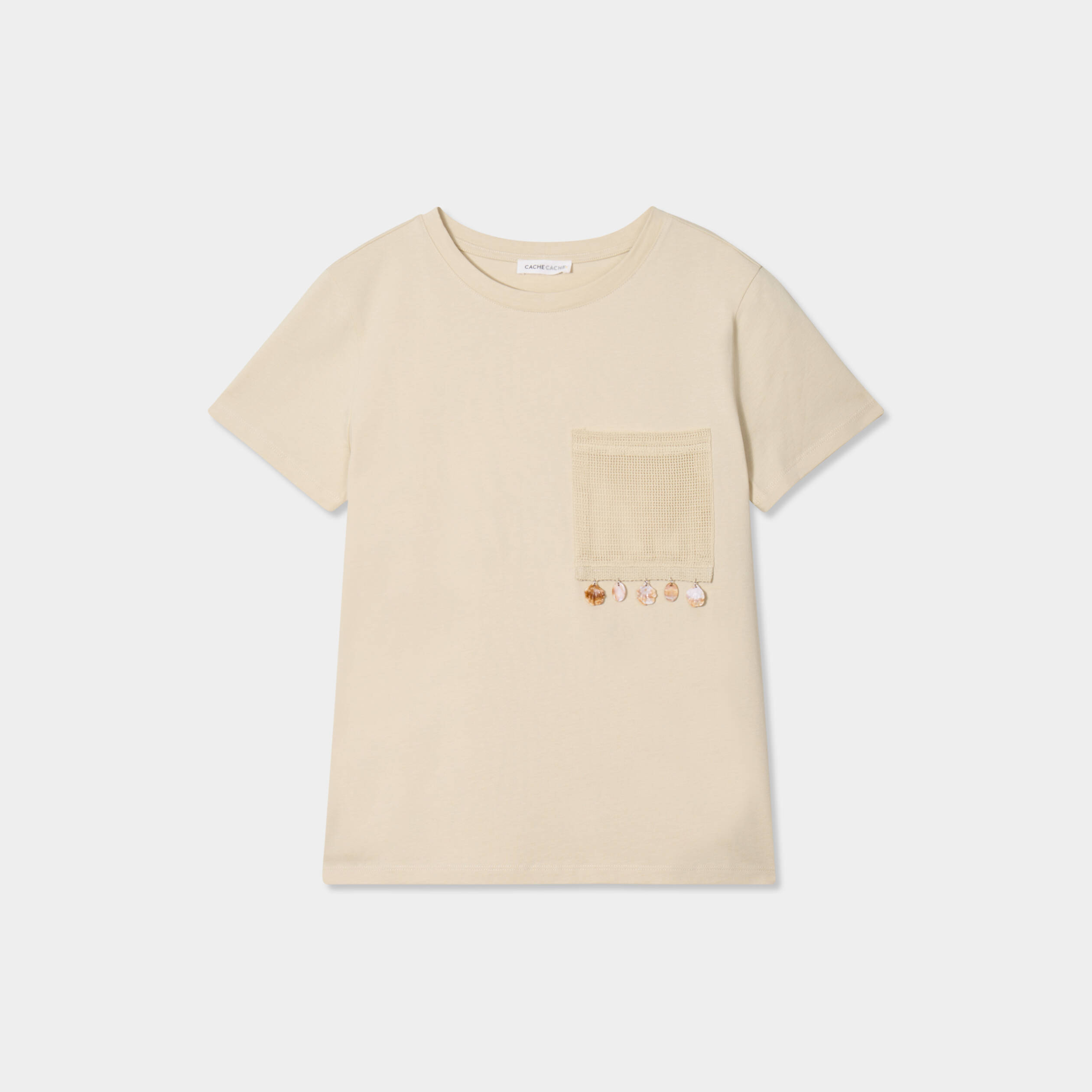 T-shirt poche d&eacute;tails bijoux beige femme