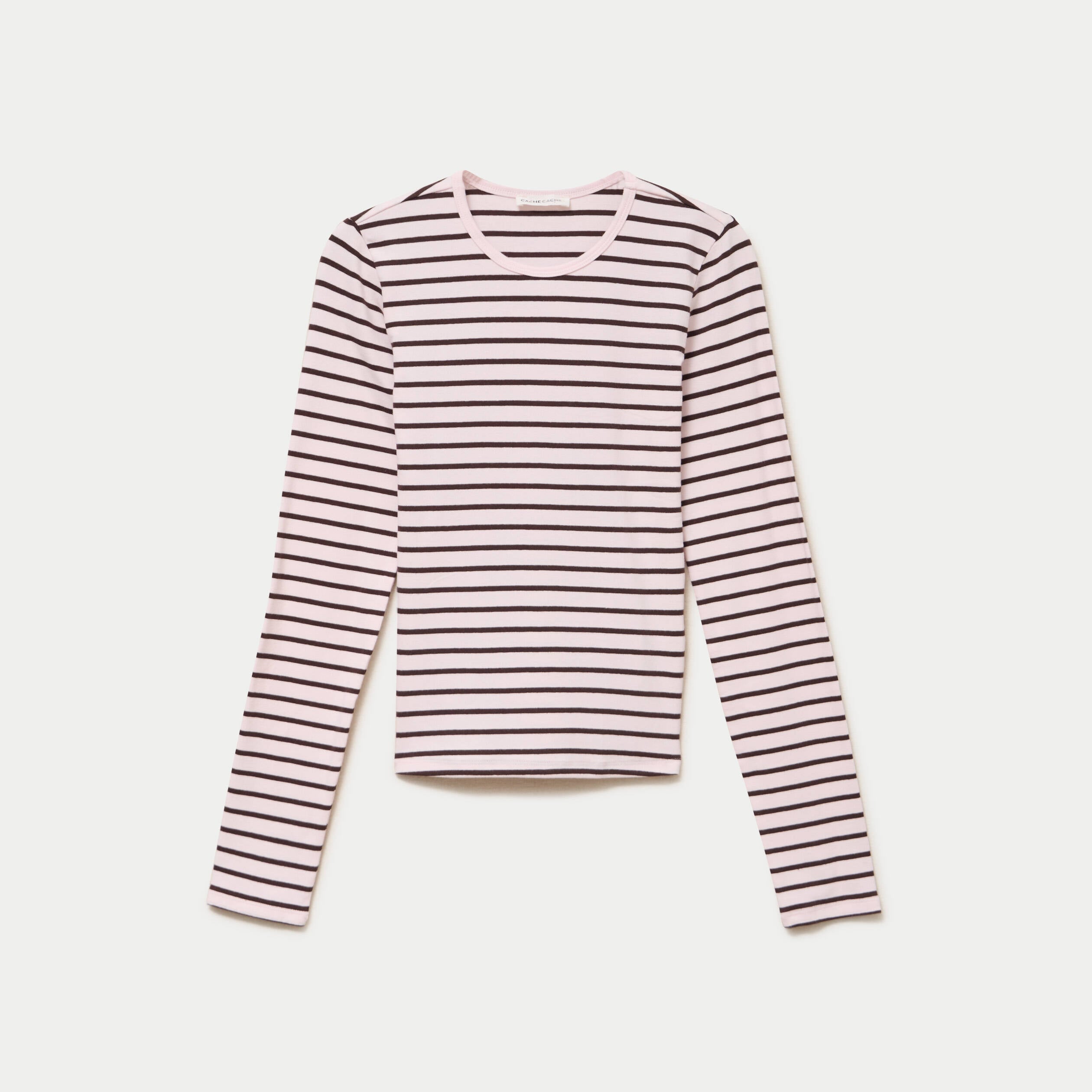 T-shirt ajust&eacute; col rond manches longues rose femme