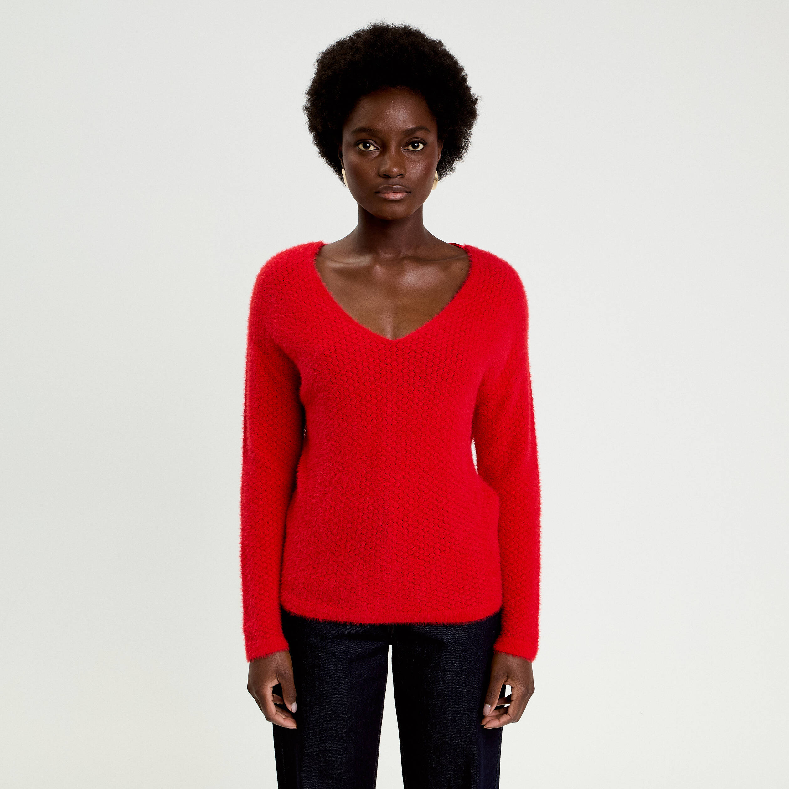 Pull col v manches longues rouge femme