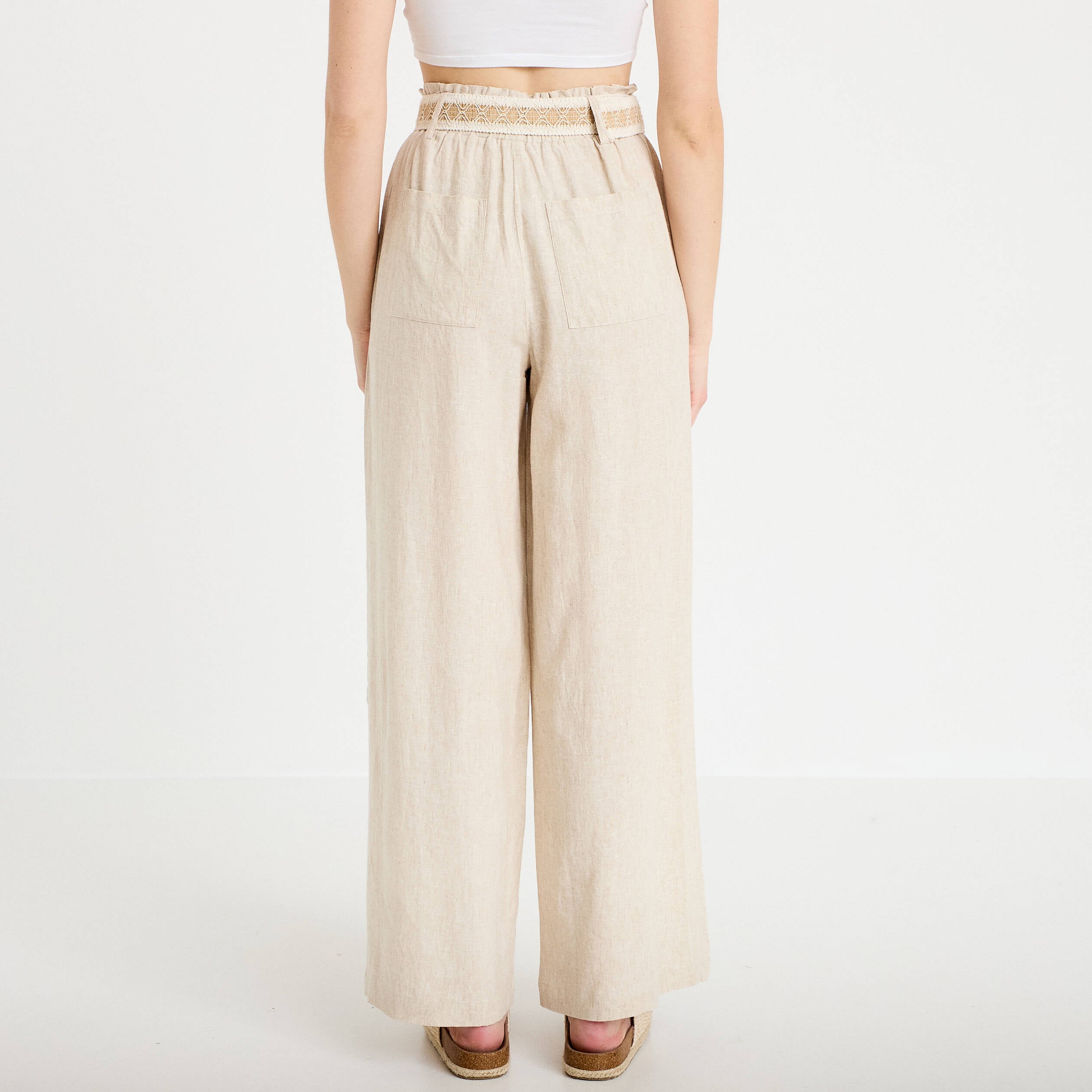 Pantalon large avec ceinture amovible beige femme